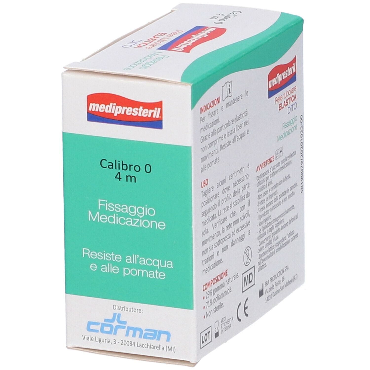 Confezione Medipresteril. Colori verde e bianco. Testo: Calibro 0, 4 m. Per fissaggio medicazioni. Logo Corman.