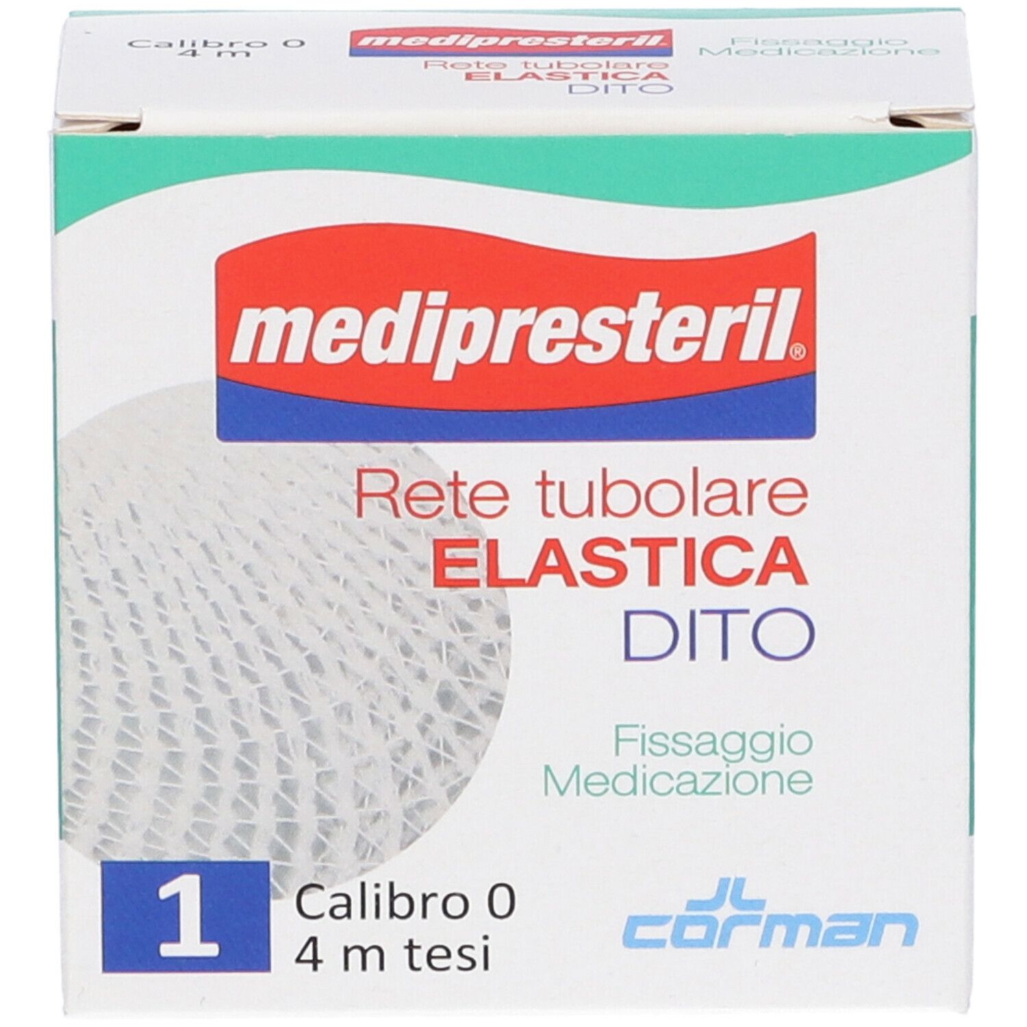Confezione Medipresteril. Scritta rossa e blu. Rete elastica per dita. Calibro 0, 4 m. Logo Corman.