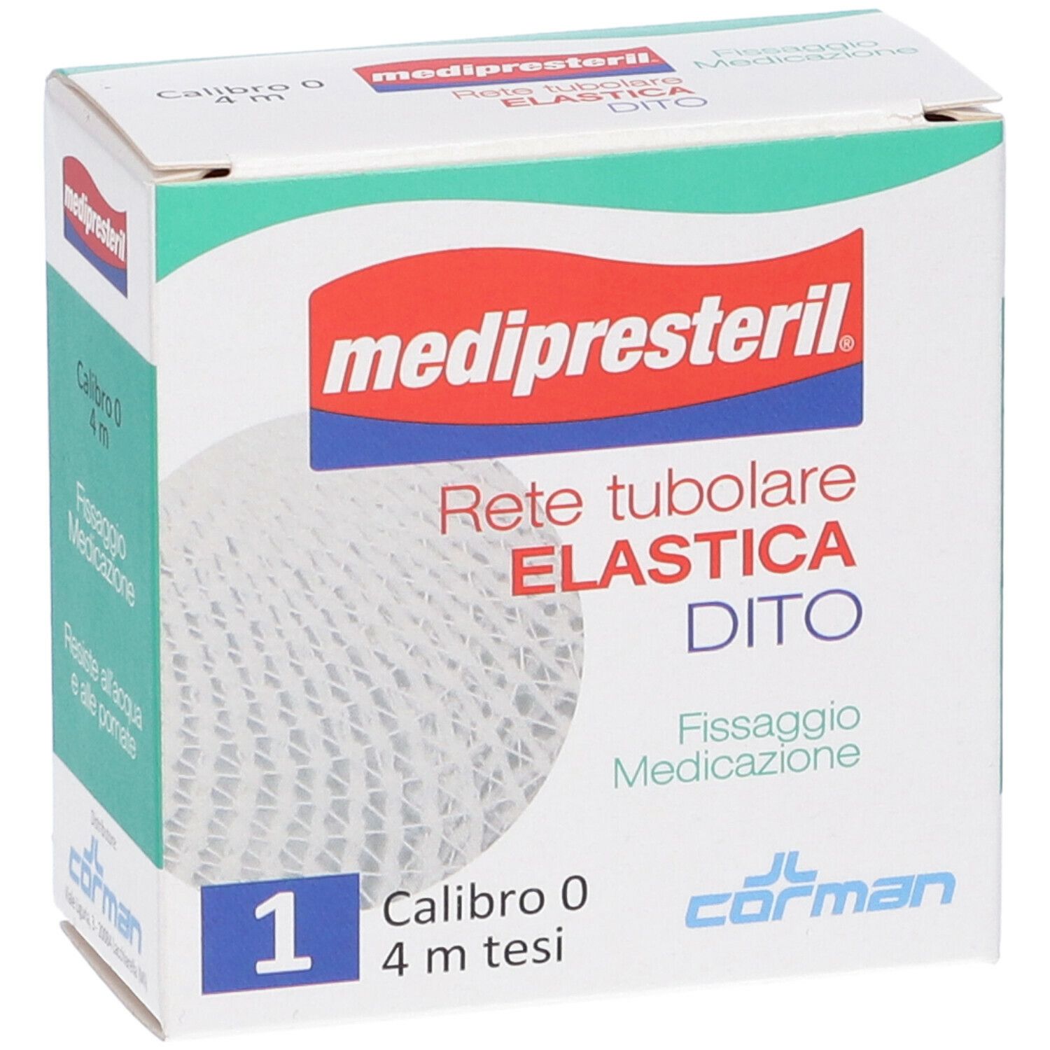 Confezione Medipresteril. Scritta rossa e blu. Rete elastica per dita. Calibro 0, 4 m. Logo Corman.