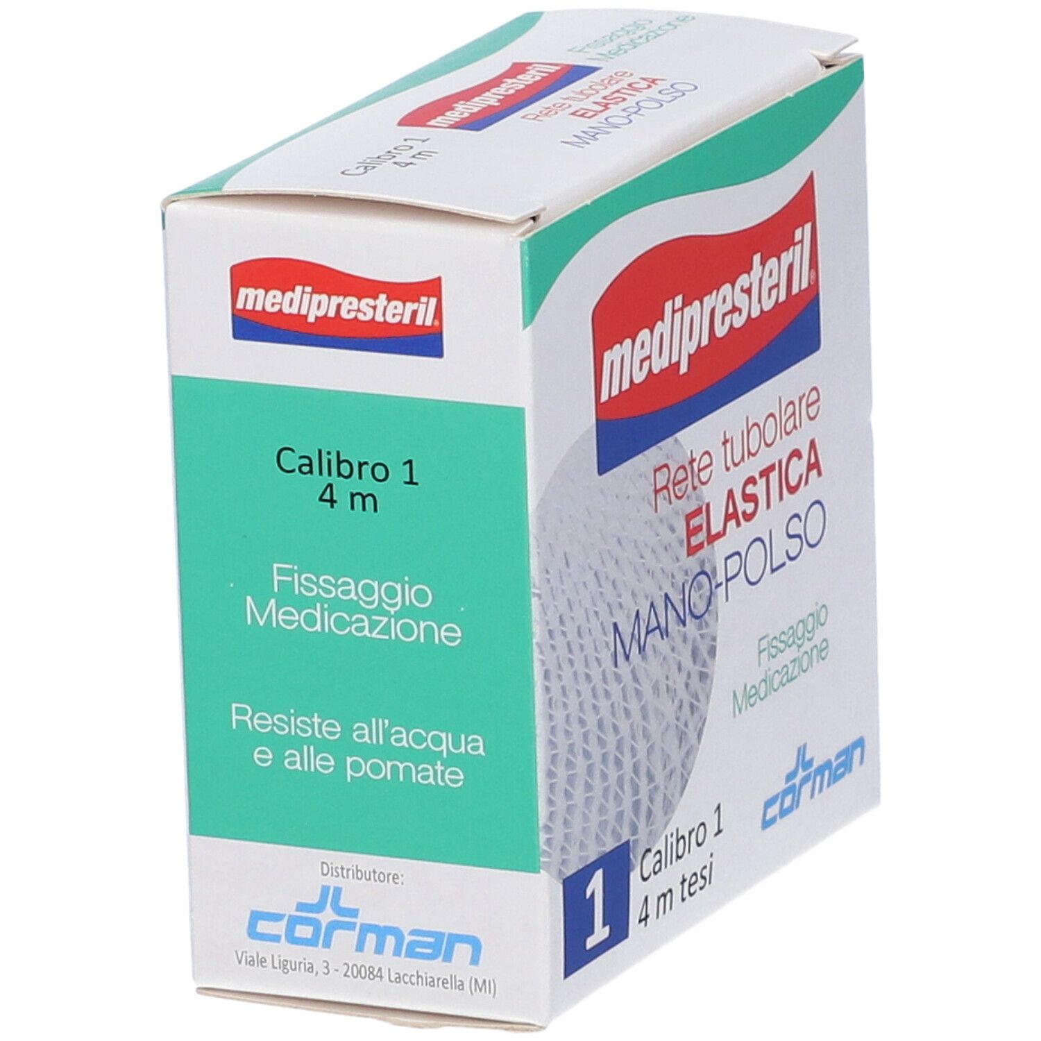 Vista angolata della confezione di rete tubolare elastica. Marchio, calibro 1, 4 m. Logo e dettagli.