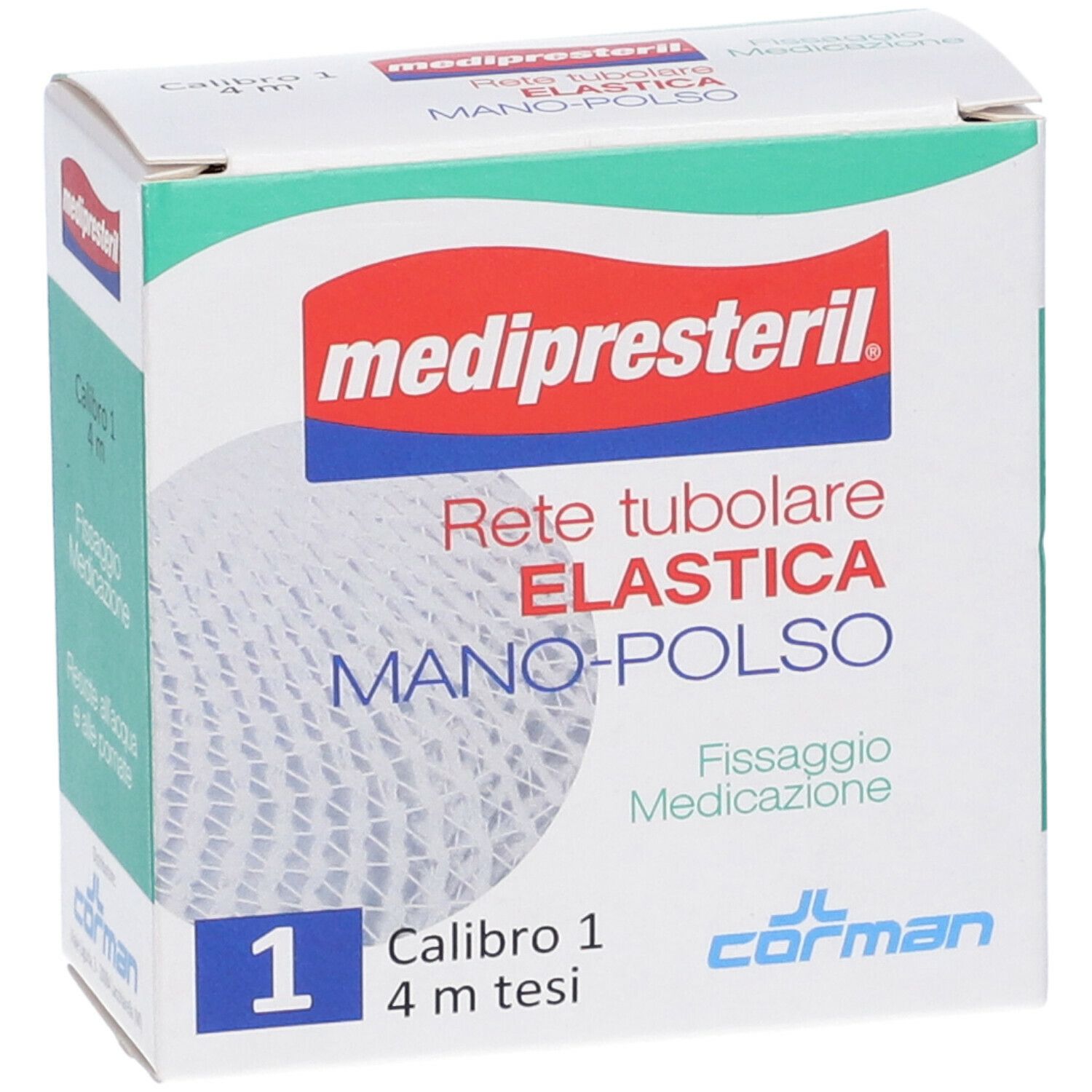 Vista frontale della confezione di rete tubolare elastica. Marchio, calibro 1, 4 m. Logo e dettagli.