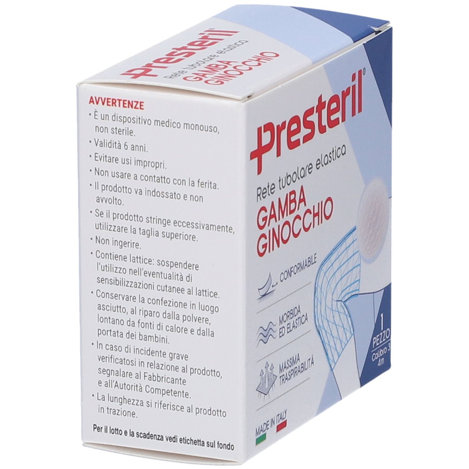 Presteril elastisches Schlauchverband für Bein/Knie. Rückseite der Verpackung mit Anwendungshinweisen.