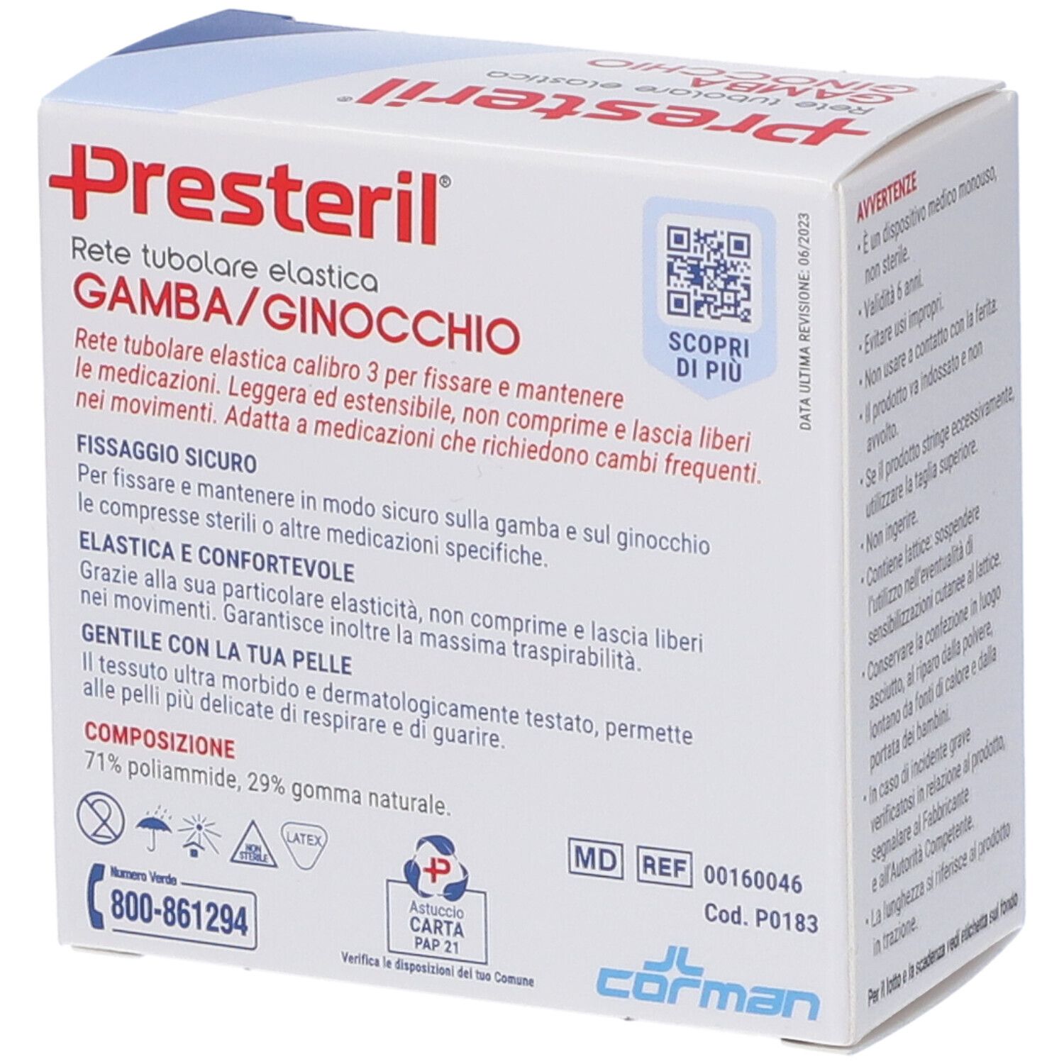 Presteril elastisches Schlauchverband für Bein/Knie. Verpackung mit detaillierten Produktinformationen.