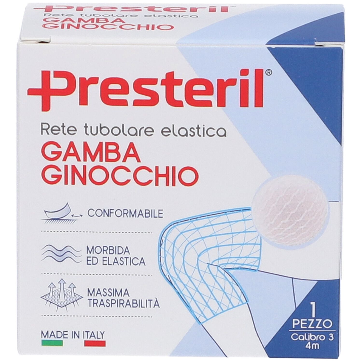 Presteril elastische Schlauchbinde für Bein/Knie, weiße Verpackung.