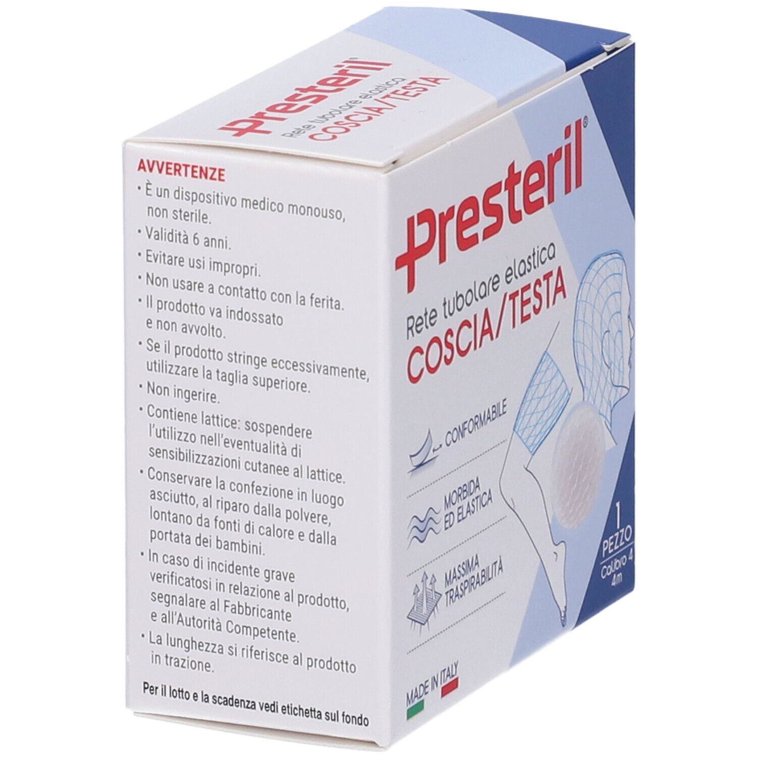 Scatola di Presteril, rete tubolare elastica per testa e coscia. Contiene avvertenze e informazioni sul prodotto.