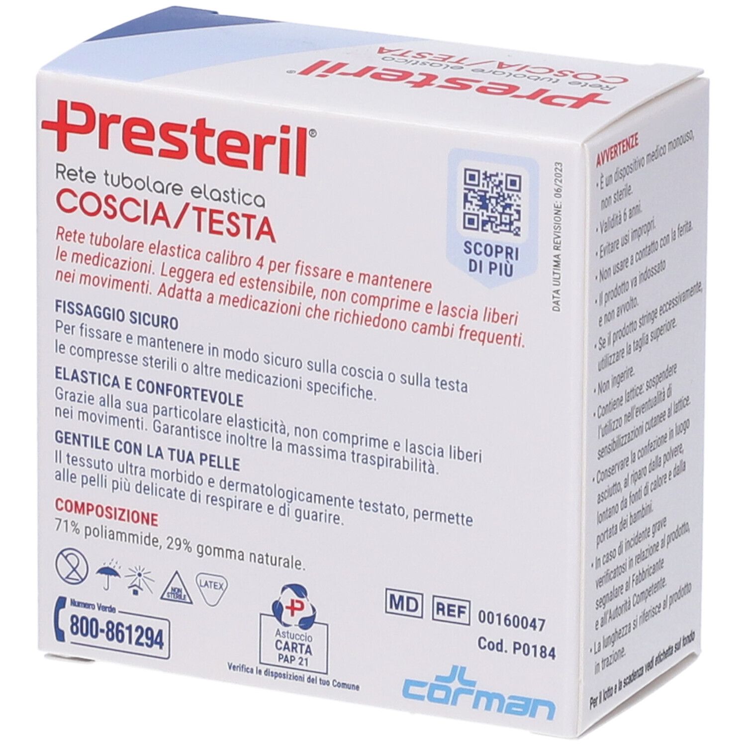 Scatola di Presteril, rete tubolare elastica per testa e coscia. Contiene informazioni e codice QR.