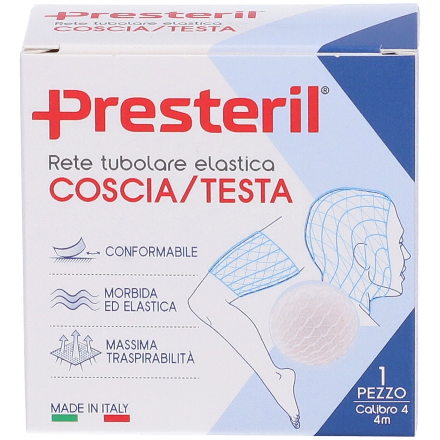Scatola di Presteril, rete tubolare elastica per testa e coscia. Illustrazione del prodotto.