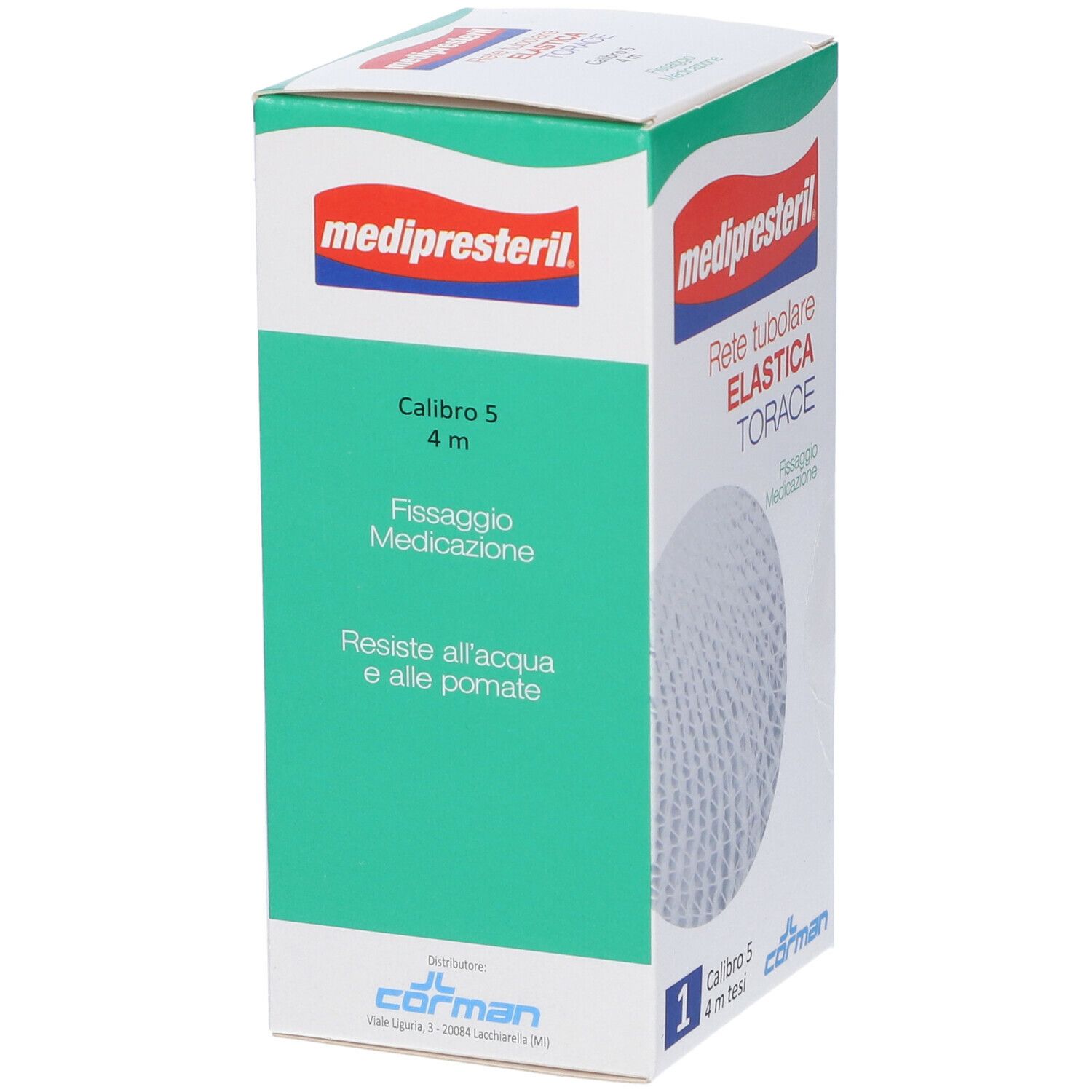 Confezione Medipresteril. Struttura a rete bianca, testo: Rete tubolare elastica TORACE. Calibro 5, 4 m. Marchio: Medipresteril.