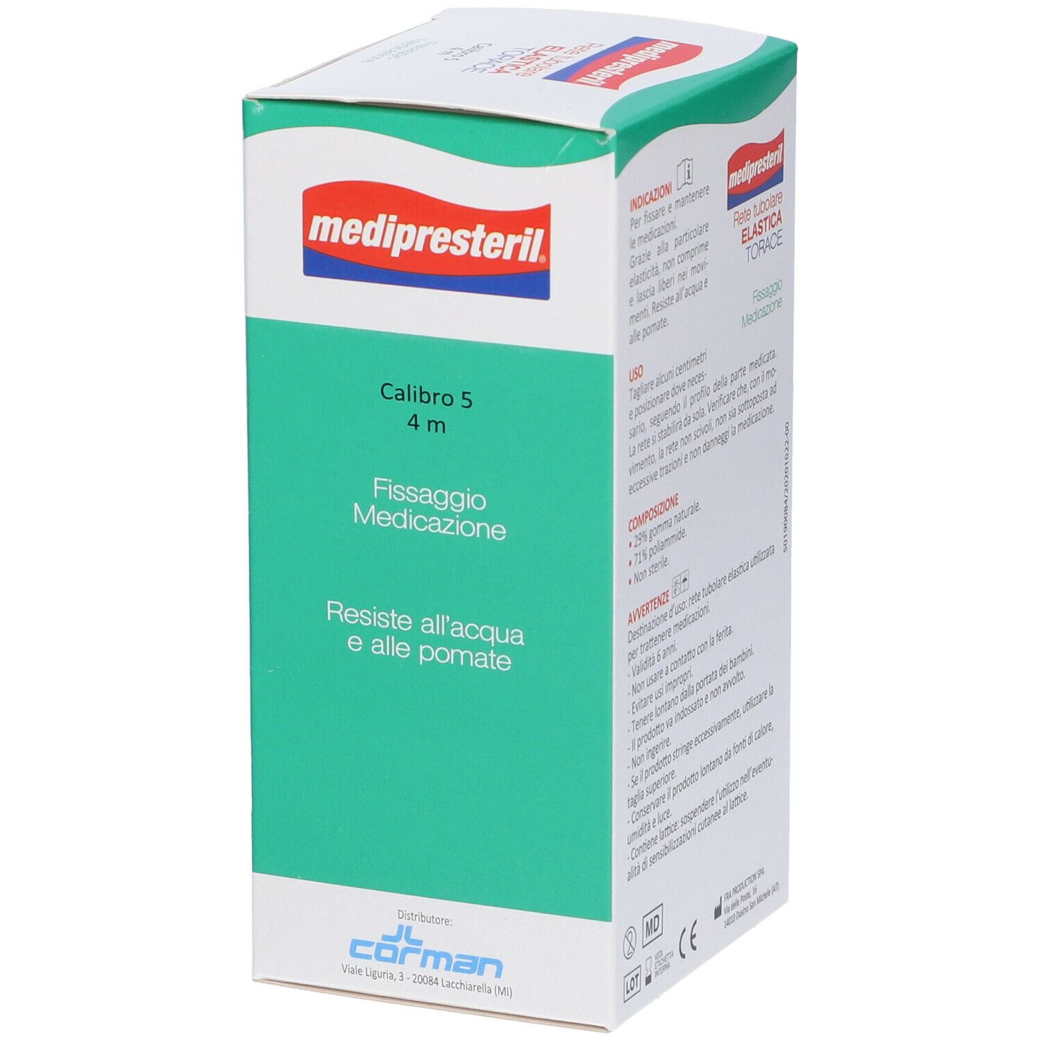 Confezione Medipresteril. Testo: Rete tubolare elastica TORACE. Calibro 5, 4 m. Marchio: Medipresteril. Confezione verde e bianca.