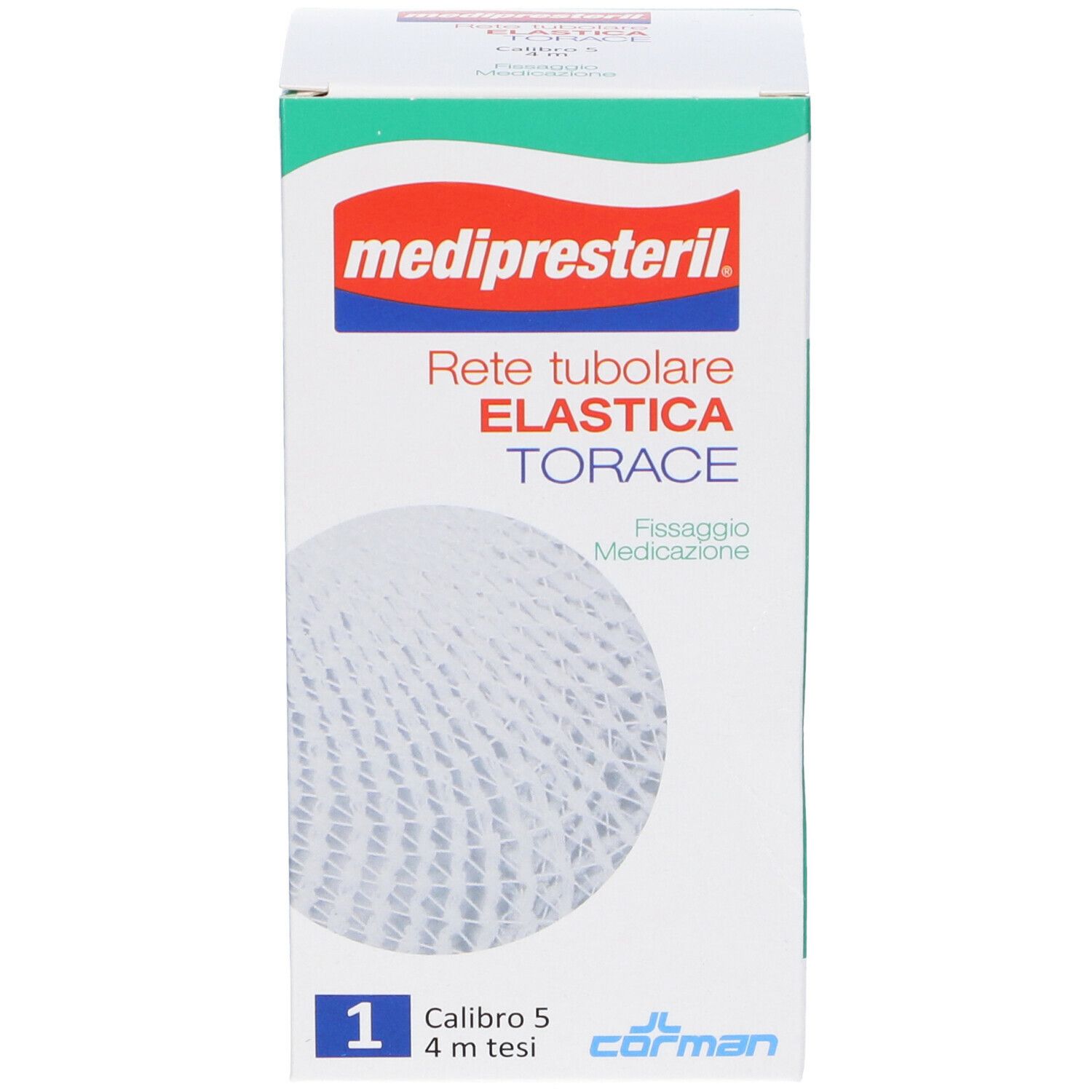 Confezione Medipresteril. Struttura a rete bianca, testo: Rete tubolare elastica TORACE. Calibro 5, 4 m. Marchio: Medipresteril.