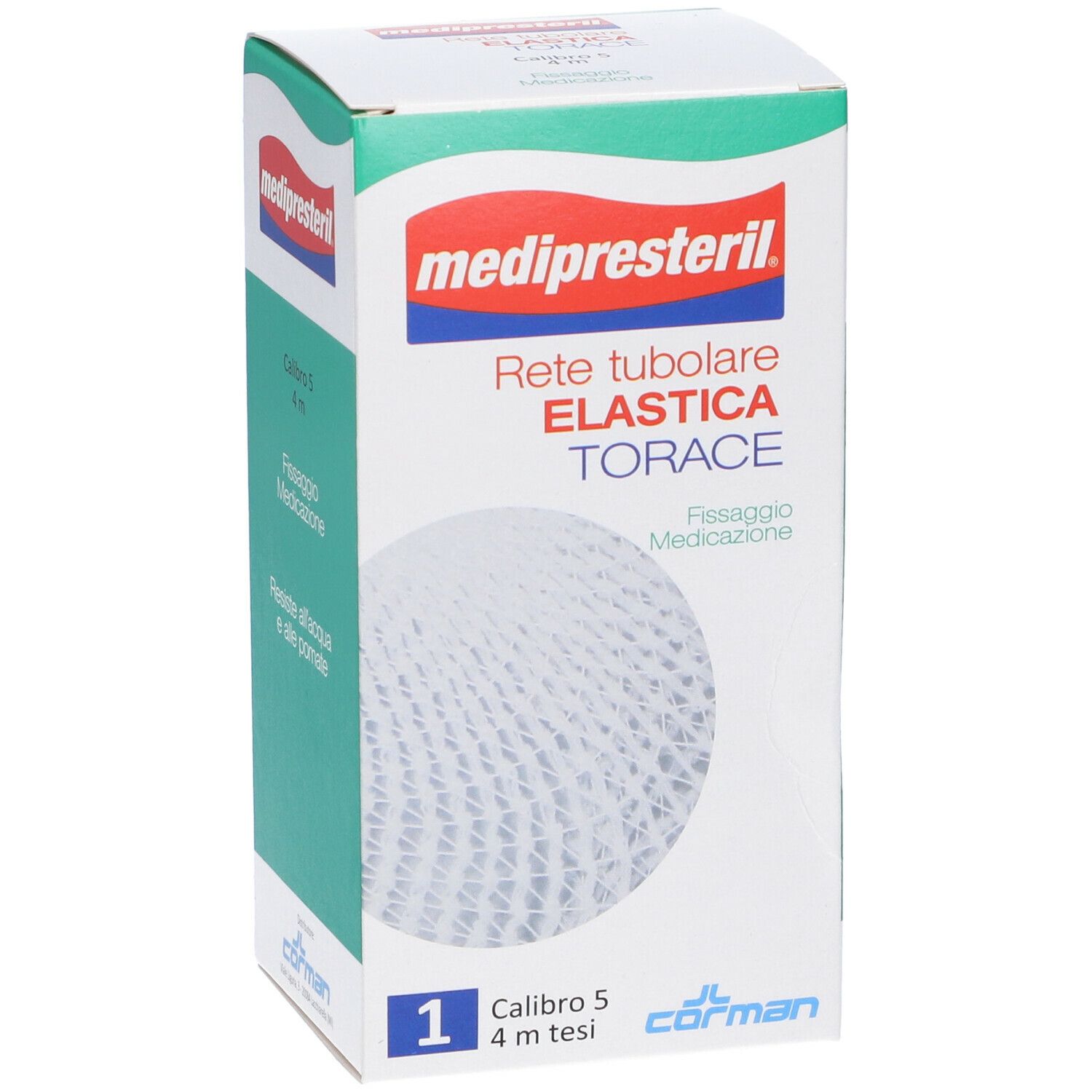 Confezione Medipresteril. Struttura a rete bianca, testo: Rete tubolare elastica TORACE. Calibro 5, 4 m. Marchio: Medipresteril.