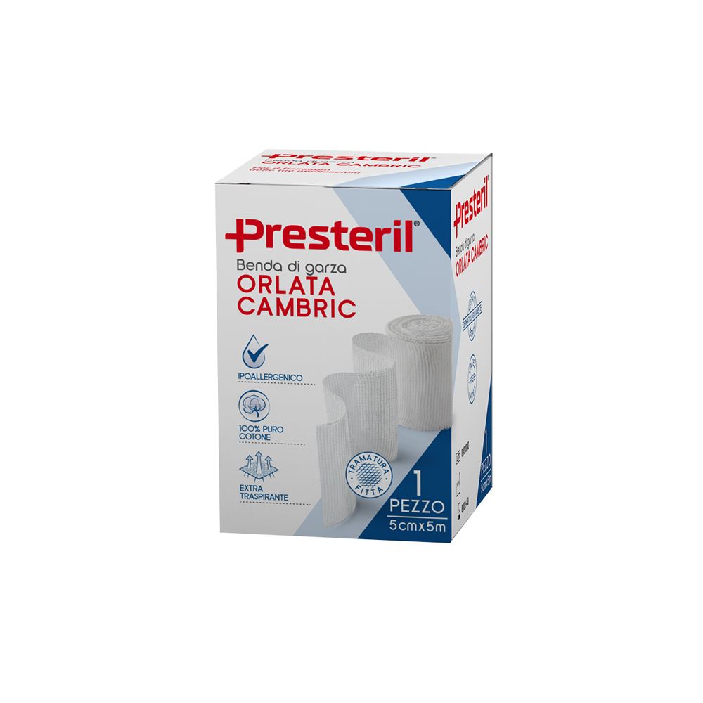 Verpackung von PRESTERIL Benda di garza orlata Cambric. Enthält eine Rolle 5cm x 5m. Mit Logo und Produktbezeichnung.