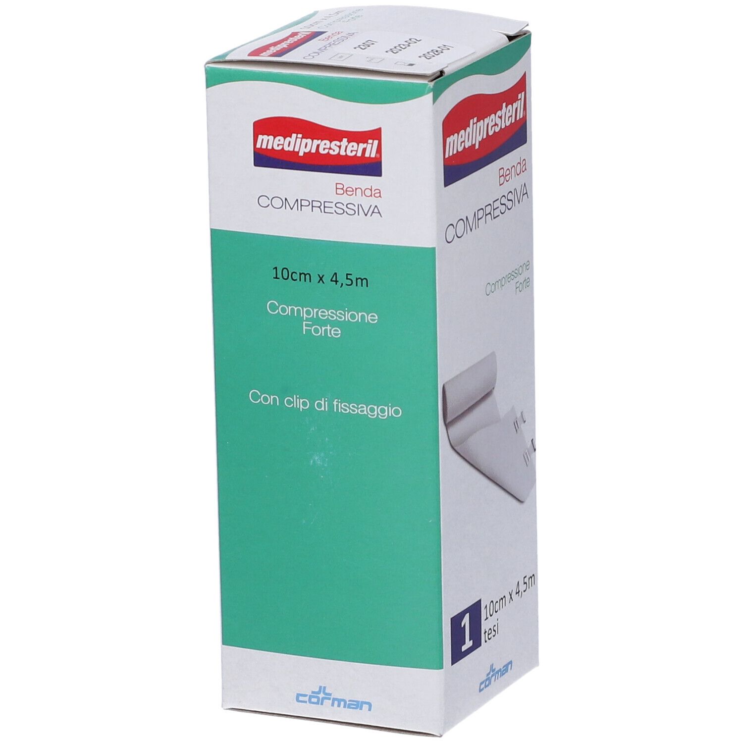 Confezione di benda compressiva. Scritta: medipresteril, Benda Compressiva, 10cm x 4,5m. Con clip.
