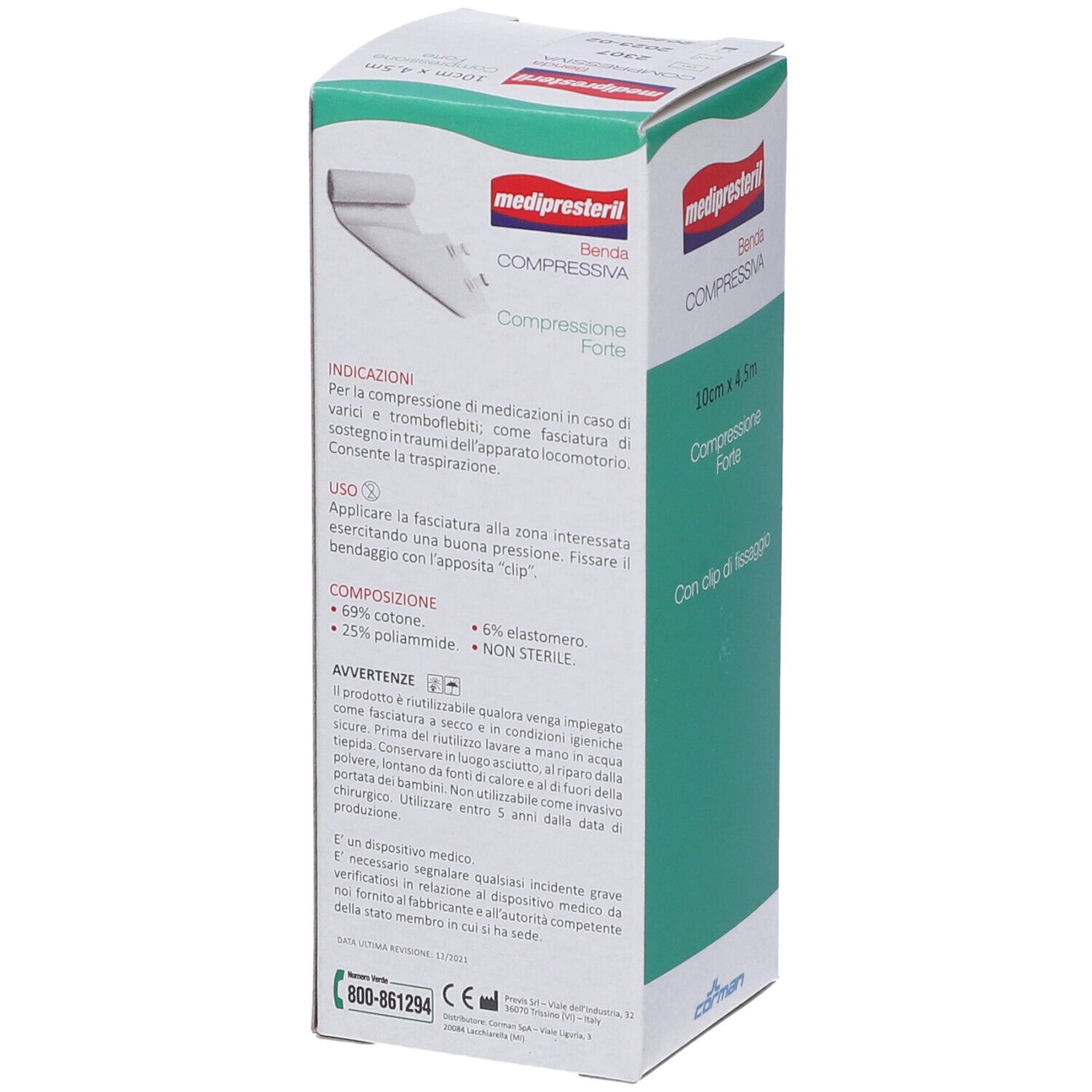 Confezione di benda compressiva. Scritta: medipresteril, Benda Compressiva, 10cm x 4,5m. Con clip. Testo sul retro.
