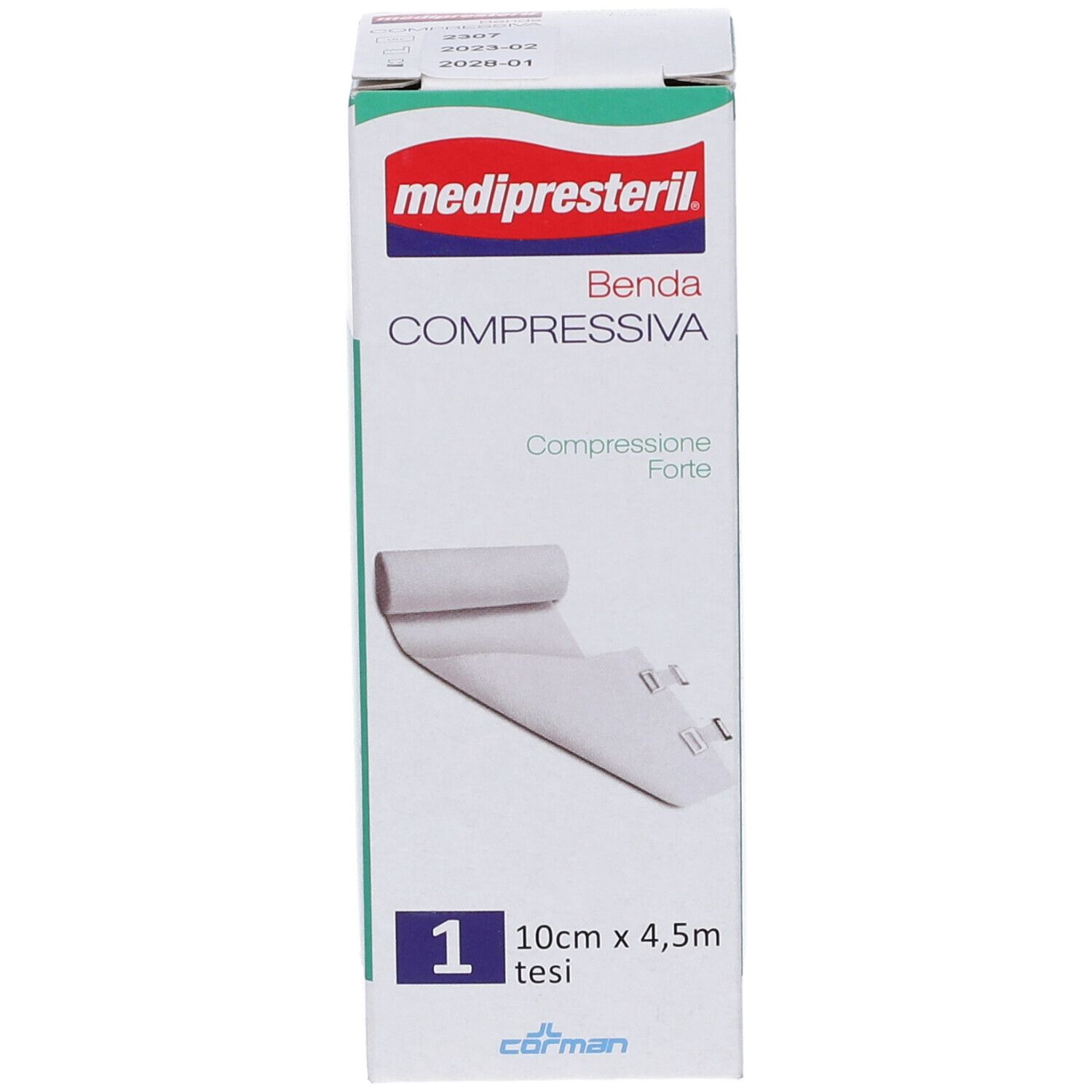 Confezione di benda compressiva. Scritta: medipresteril, Benda Compressiva, 10cm x 4,5m. Confezione singola.