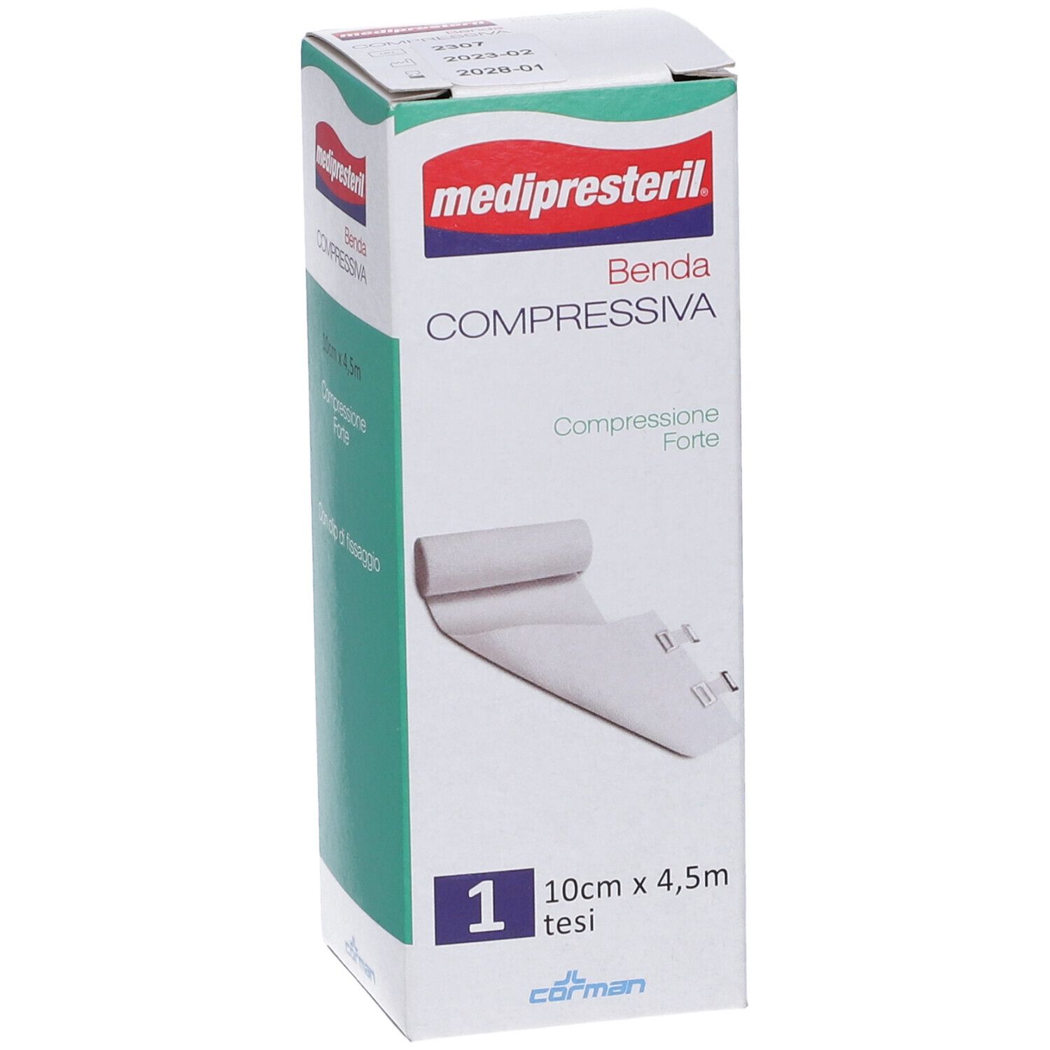 Confezione di benda compressiva. Scritta: medipresteril, Benda Compressiva, 10cm x 4,5m. Confezione singola.