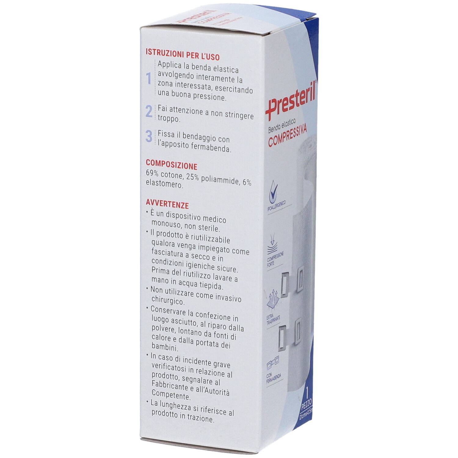 Rückseite der Benda elastica compressiva Verpackung. Enthält Gebrauchsanweisung und Materialzusammensetzung.