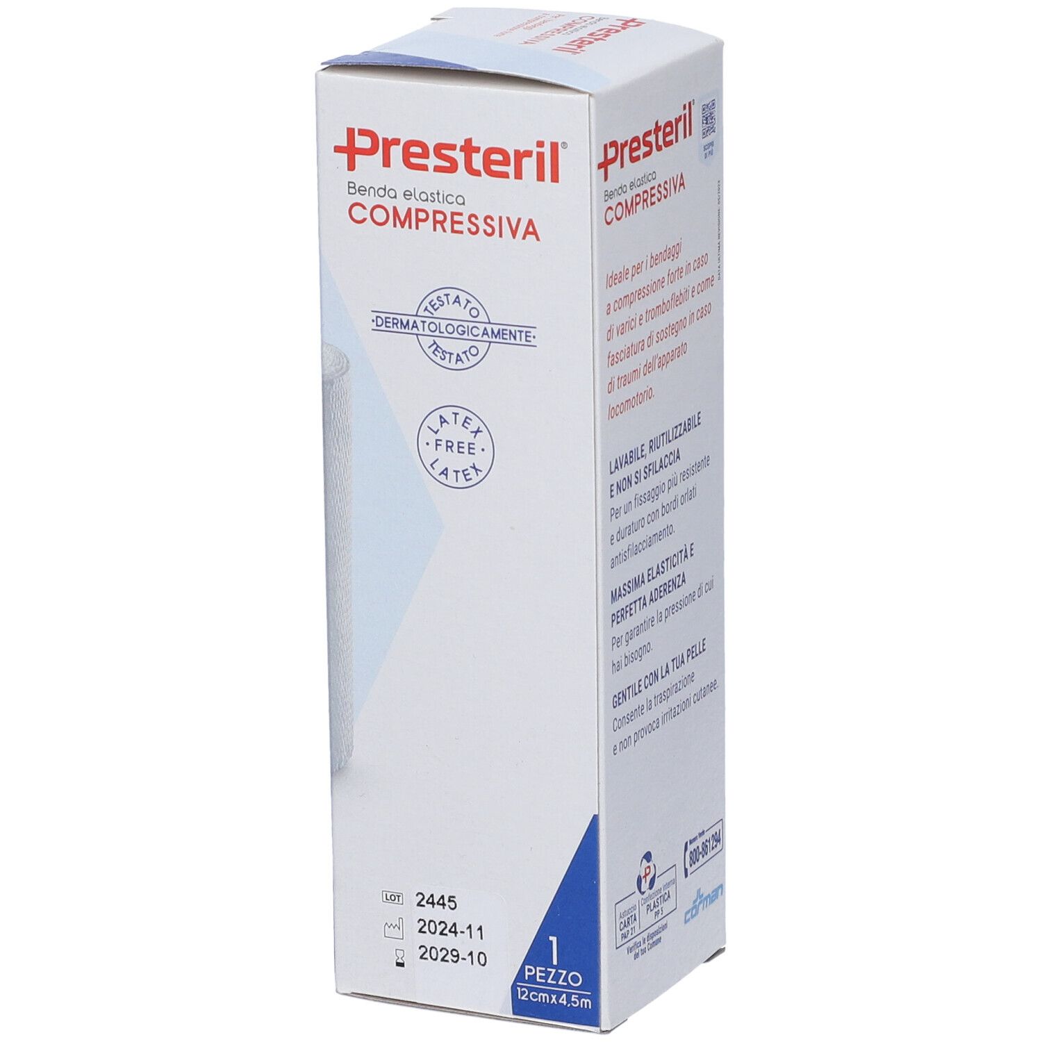 Seite der Benda elastica compressiva Verpackung. Dermatologisch getestet, latexfrei. Enthält Chargennummer.