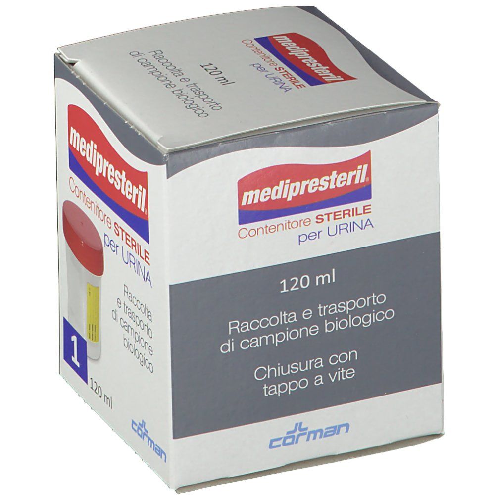 Medipresteril Sterilbehälter für Urin, 120 ml. Weiß mit grauem Feld und rotem Deckel.