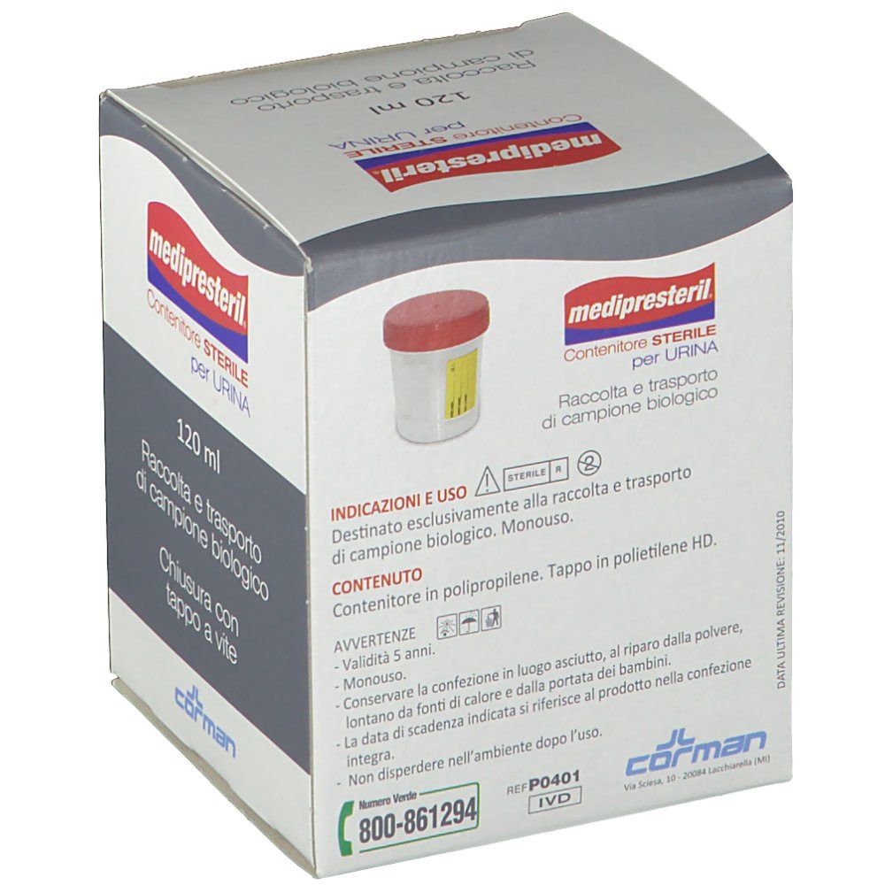Medipresteril Sterilbehälter für Urin, 120 ml. Weiß mit grauem Feld und rotem Deckel.