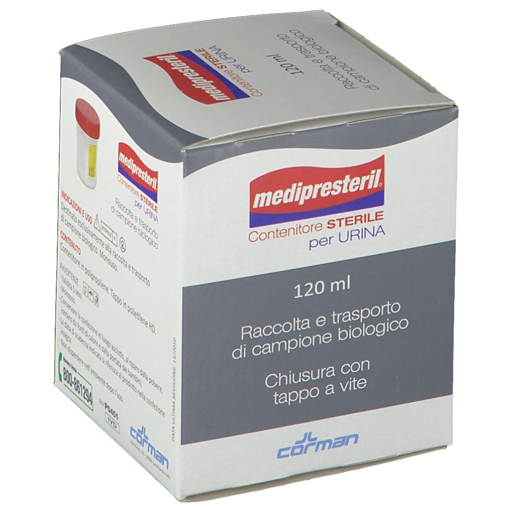 Medipresteril Sterilbehälter für Urin, 120 ml. Weiß mit grauem Feld und rotem Deckel.