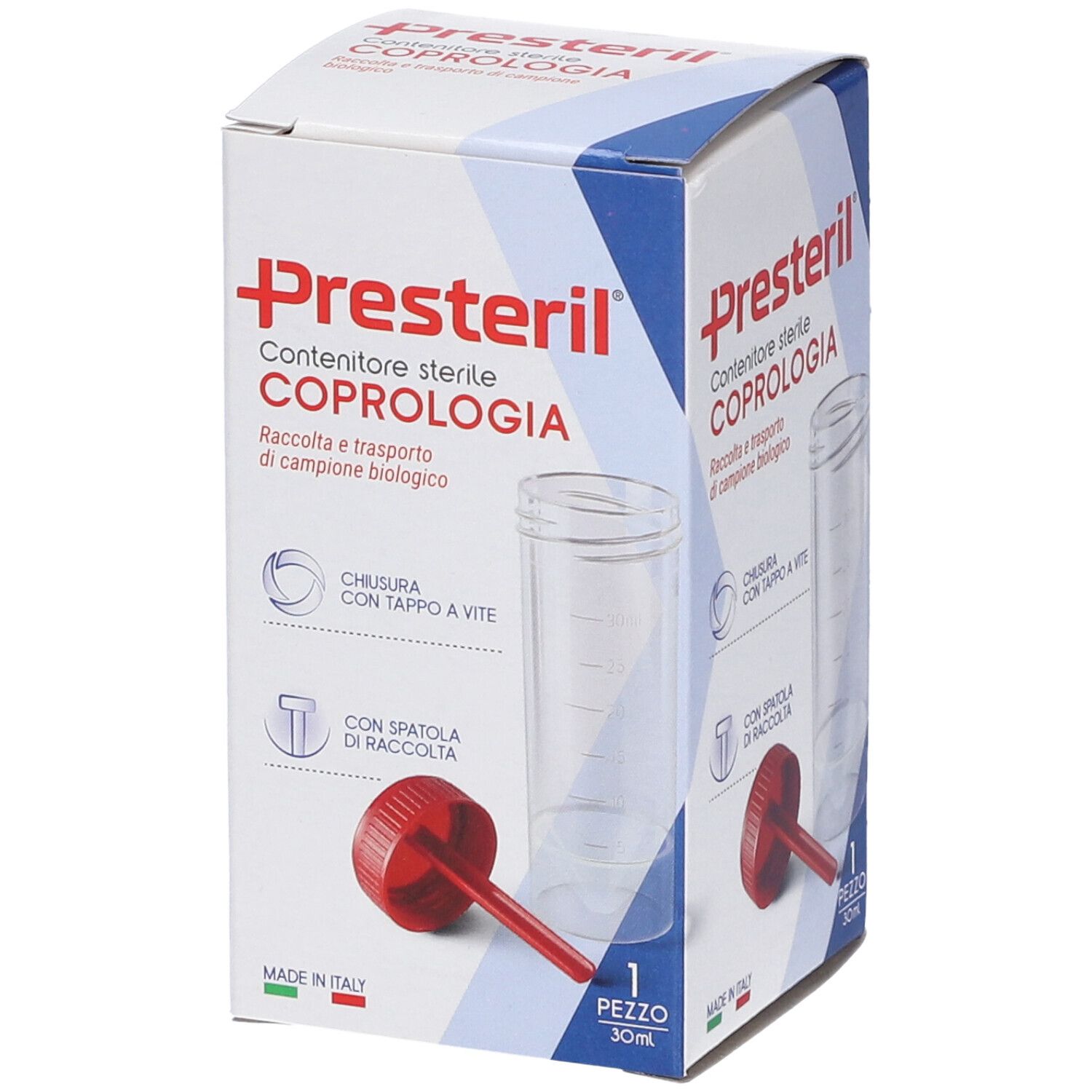 Karton mit Produktabbildung. Aufschrift: Presteril, Contenitore sterile Coprologia. Enthält Behälter, Spatel und 1 Stück.