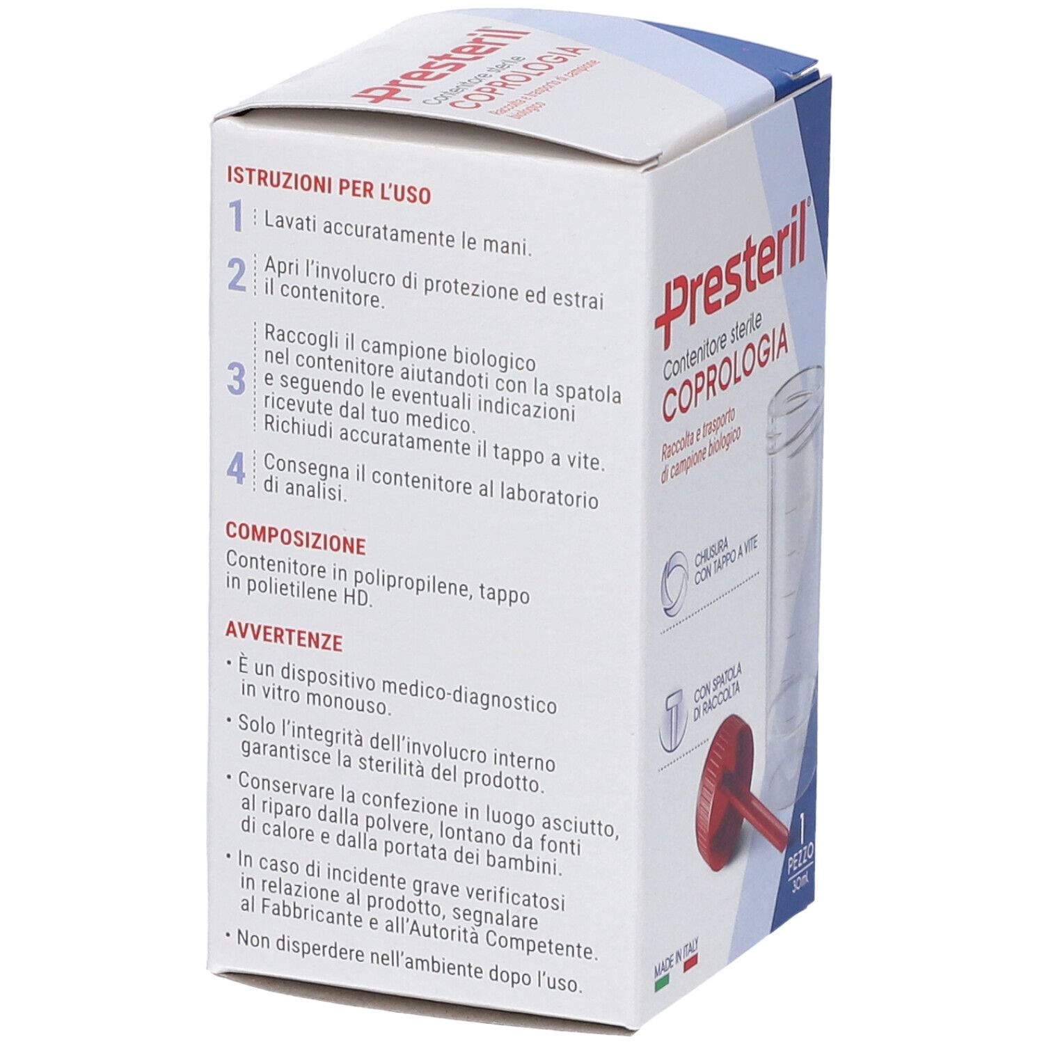 Karton mit Produktabbildung. Aufschrift: Presteril, Contenitore sterile Coprologia. Mit Gebrauchsanweisung und Inhaltsangaben.