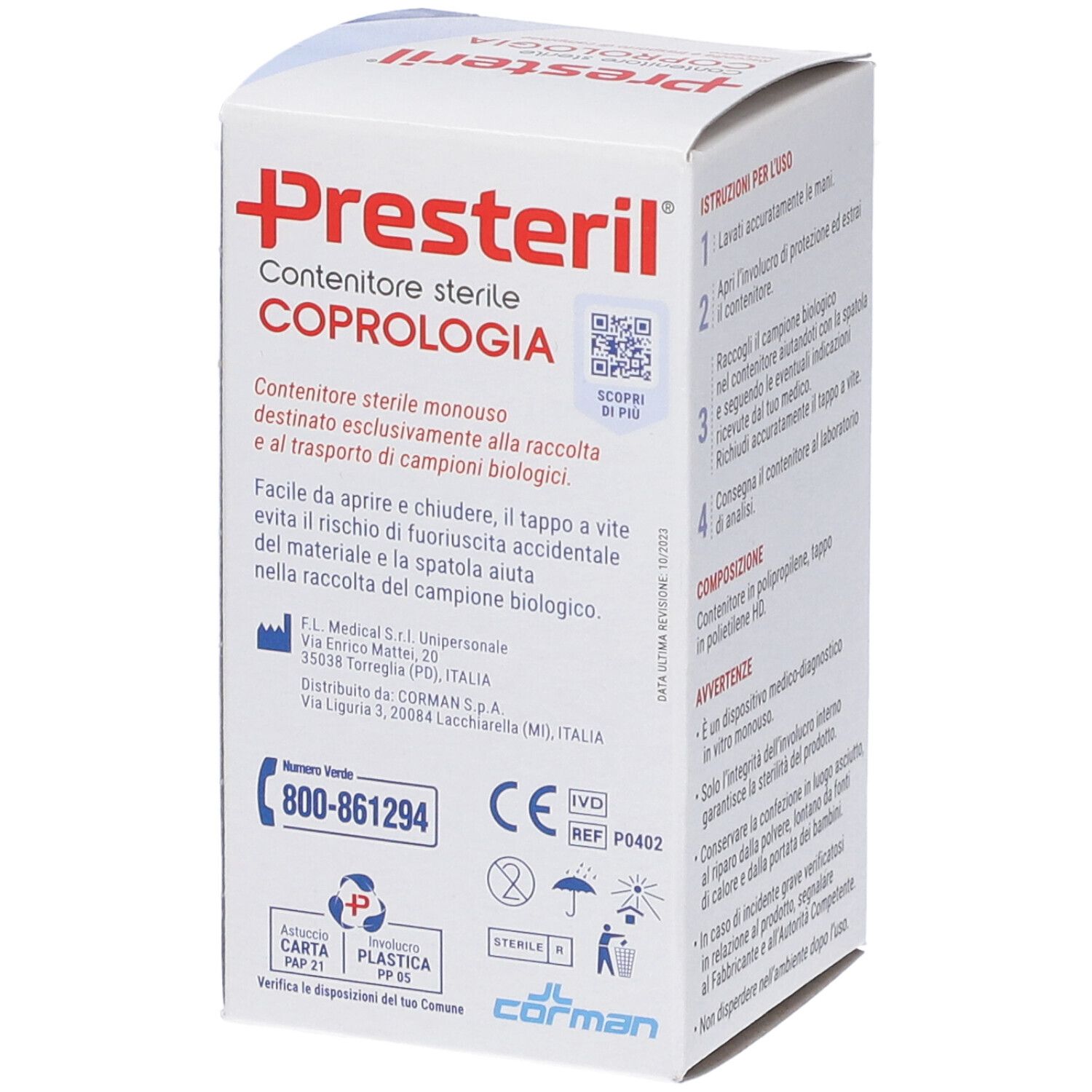 Karton mit Produktabbildung. Aufschrift: Presteril, Contenitore sterile Coprologia. Mit Kontaktinformationen und Zertifizierungen.