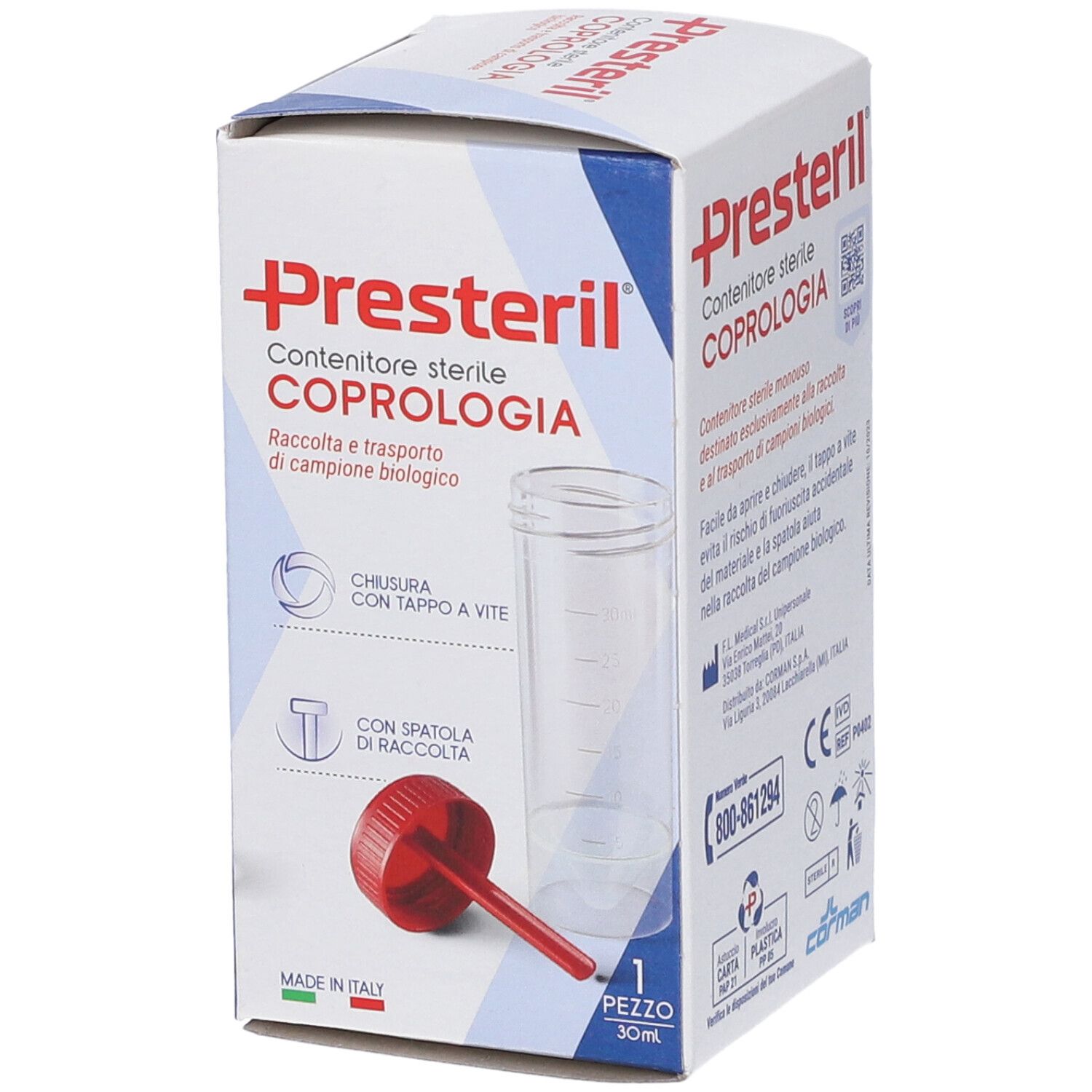 Karton mit Produktabbildung. Aufschrift: Presteril, Contenitore sterile Coprologia. Enthält Behälter, Spatel und 1 Stück.