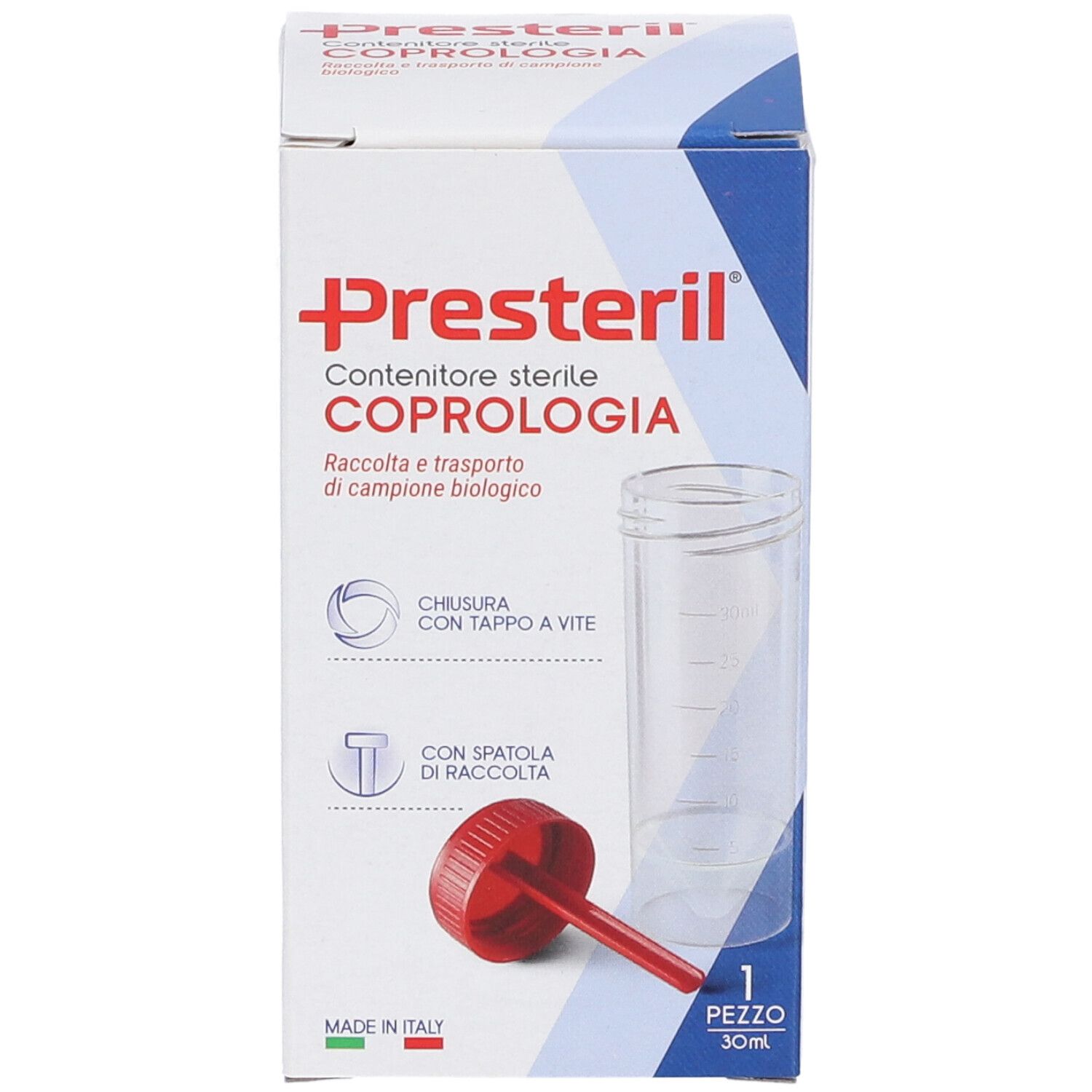 Karton mit Produktabbildung. Aufschrift: Presteril, Contenitore sterile Coprologia. Enthält Behälter, Spatel und 1 Stück.