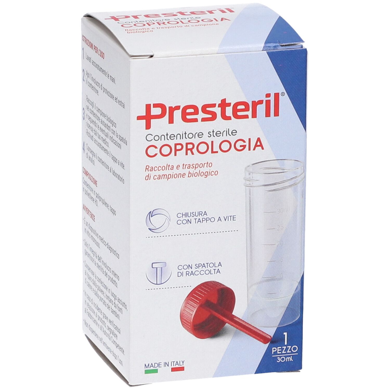 Karton mit Produktabbildung. Aufschrift: Presteril, Contenitore sterile Coprologia. Enthält Behälter, Spatel und 1 Stück.
