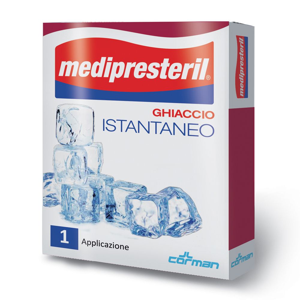 Verpackung mit Produktnamen und Eiswürfel-Illustration. Text: Medipresteril Ghiaccio Istantaneo. Einzelpackung.
