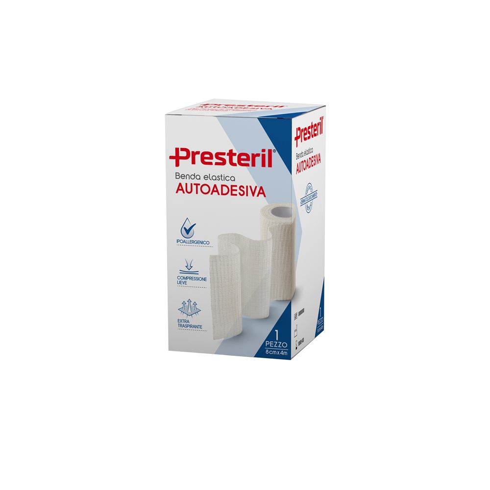 Verpackung von Presteril, selbstklebendem elastischem Band. Enthält 1 Rolle. Sichtbar: Band, Verpackung mit Produktnamen.