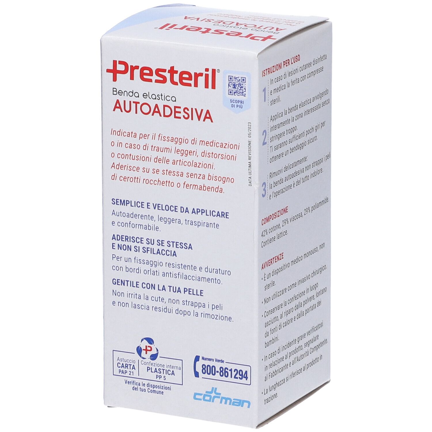 Confezione con informazioni sul prodotto. Testo in italiano. Contiene istruzioni, composizione e avvertenze.