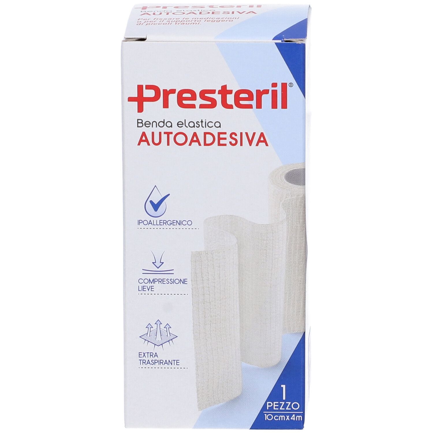 Confezione di benda elastica autoadesiva. Nome del prodotto e loghi visibili. Benda in rotolo e stesa.