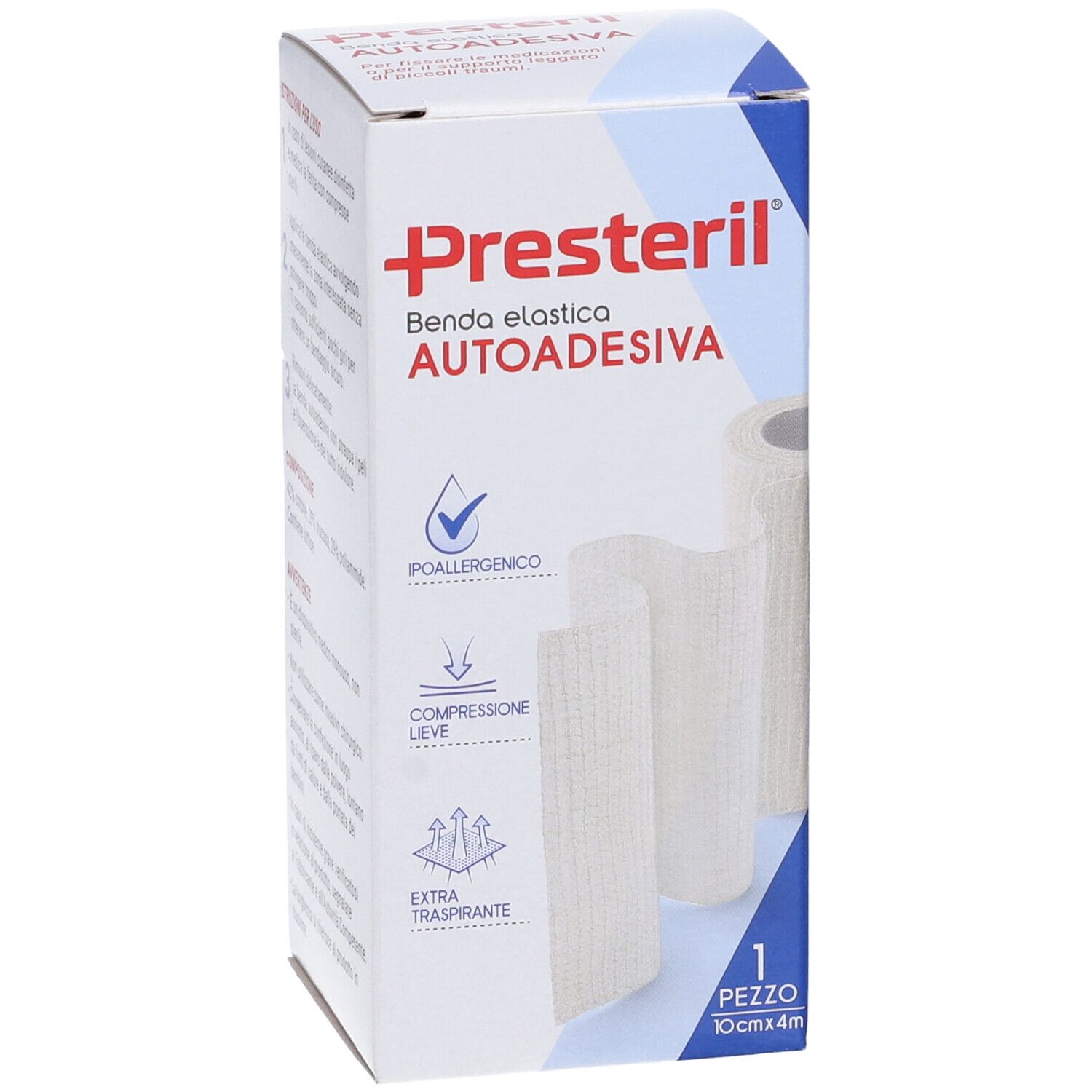 Confezione di benda elastica autoadesiva. Nome del prodotto e loghi visibili. Benda in rotolo e stesa.