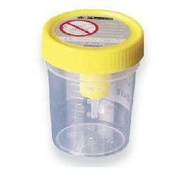 Contenitore con coperchio giallo. Simbolo rosso sul coperchio. Contenitore trasparente con scala graduata.