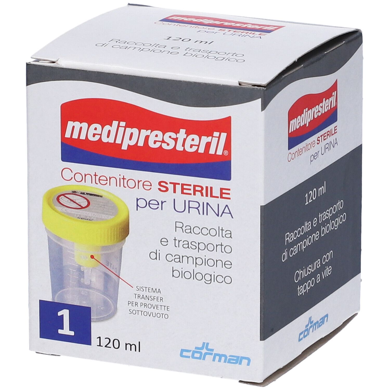 Confezione con immagine del prodotto. Scritta: medipresteril, Contenitore STERILE per URINA. 120 ml, 1 pezzo.
