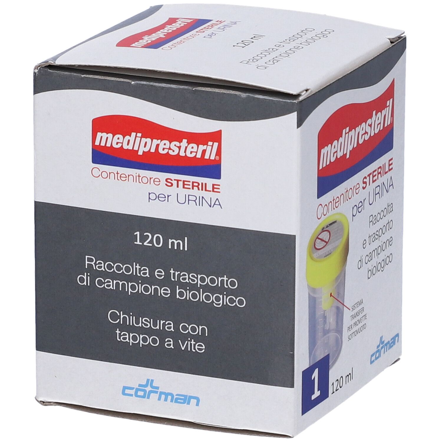 Confezione con immagine del prodotto. Scritta: medipresteril, Contenitore STERILE per URINA. 120 ml, 1 pezzo.