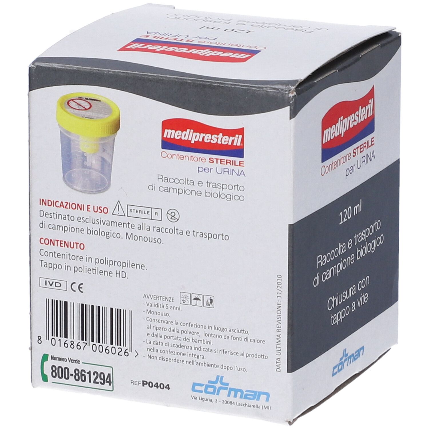 Confezione con immagine del prodotto. Scritta: medipresteril, Contenitore STERILE per URINA. 120 ml, 1 pezzo.