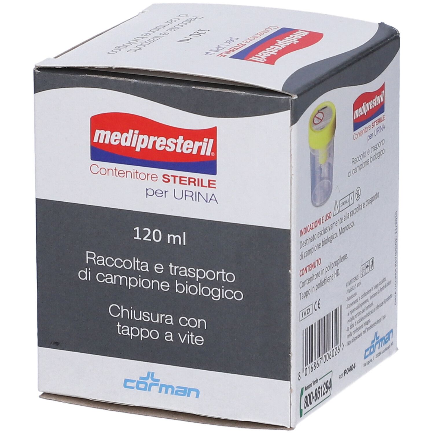 Confezione con immagine del prodotto. Scritta: medipresteril, Contenitore STERILE per URINA. 120 ml, 1 pezzo.