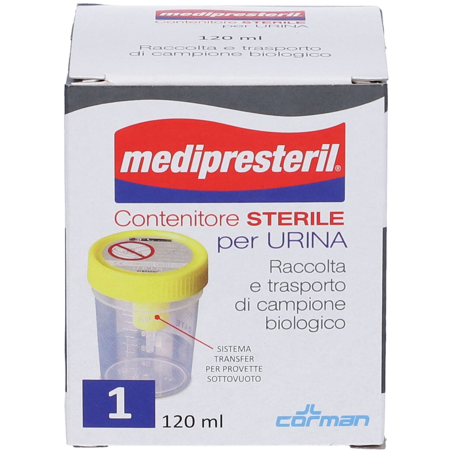 Confezione con immagine del prodotto. Scritta: medipresteril, Contenitore STERILE per URINA. 120 ml, 1 pezzo.
