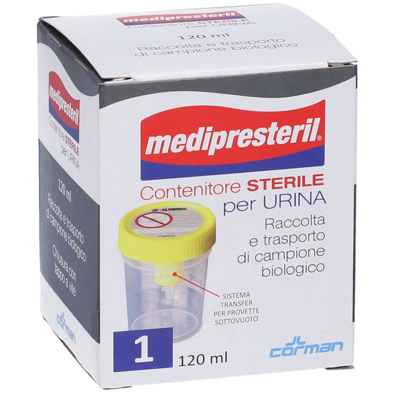 Confezione con immagine del prodotto. Scritta: medipresteril, Contenitore STERILE per URINA. 120 ml, 1 pezzo.