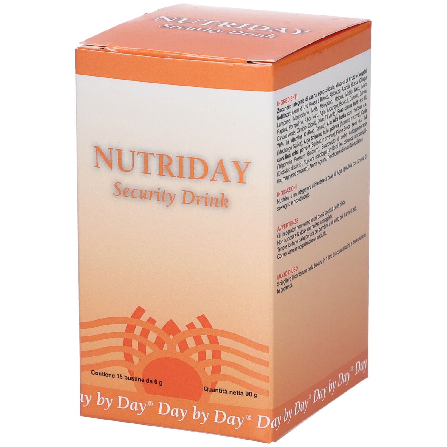 Confezione di Nutriday Security Drink. Design arancione e bianco con nome e logo del prodotto. Contiene 15 bustine.