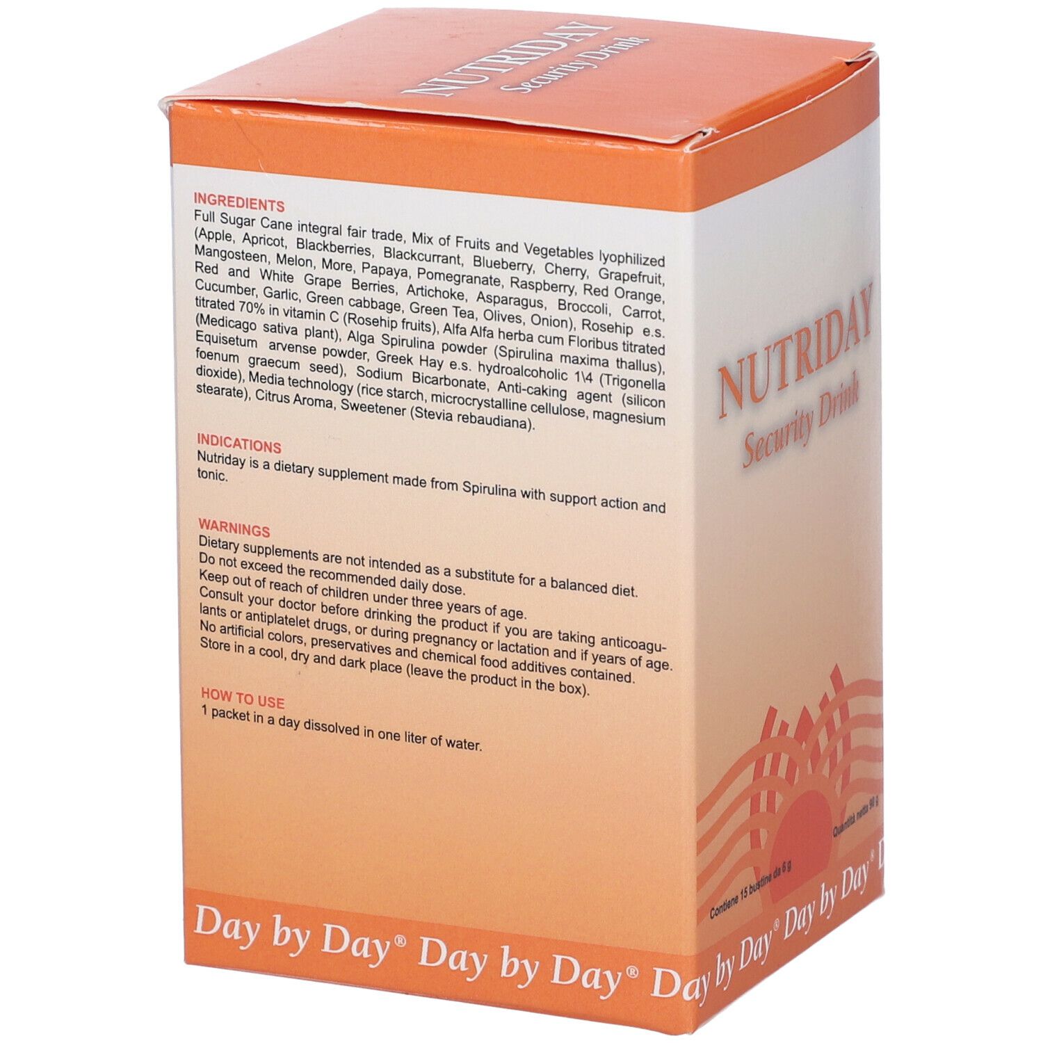 Retro della confezione di Nutriday Security Drink. Contiene l'elenco degli ingredienti, le istruzioni per l'uso e le avvertenze.
