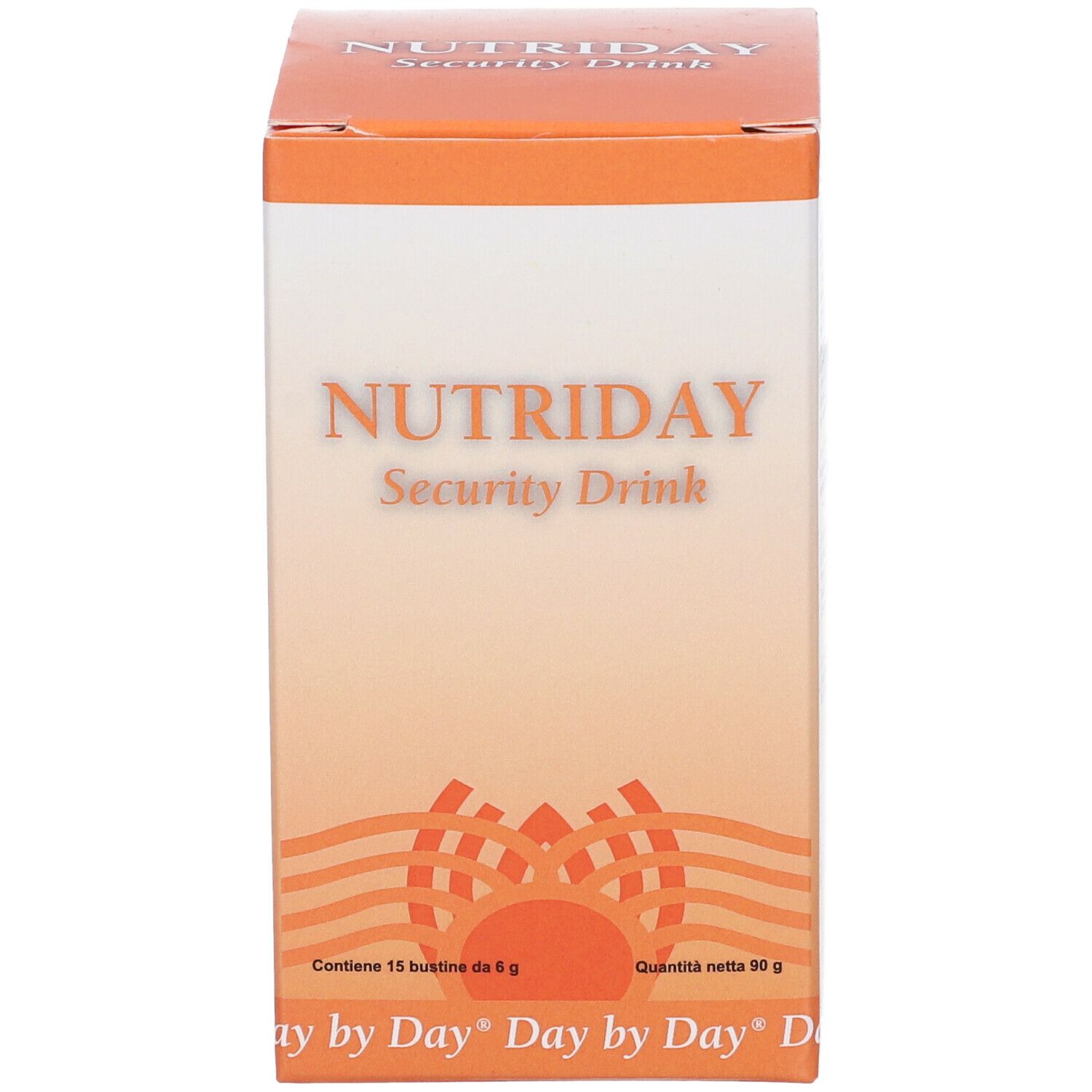 Fronte della confezione di Nutriday Security Drink. Design arancione e bianco con nome e logo del prodotto.