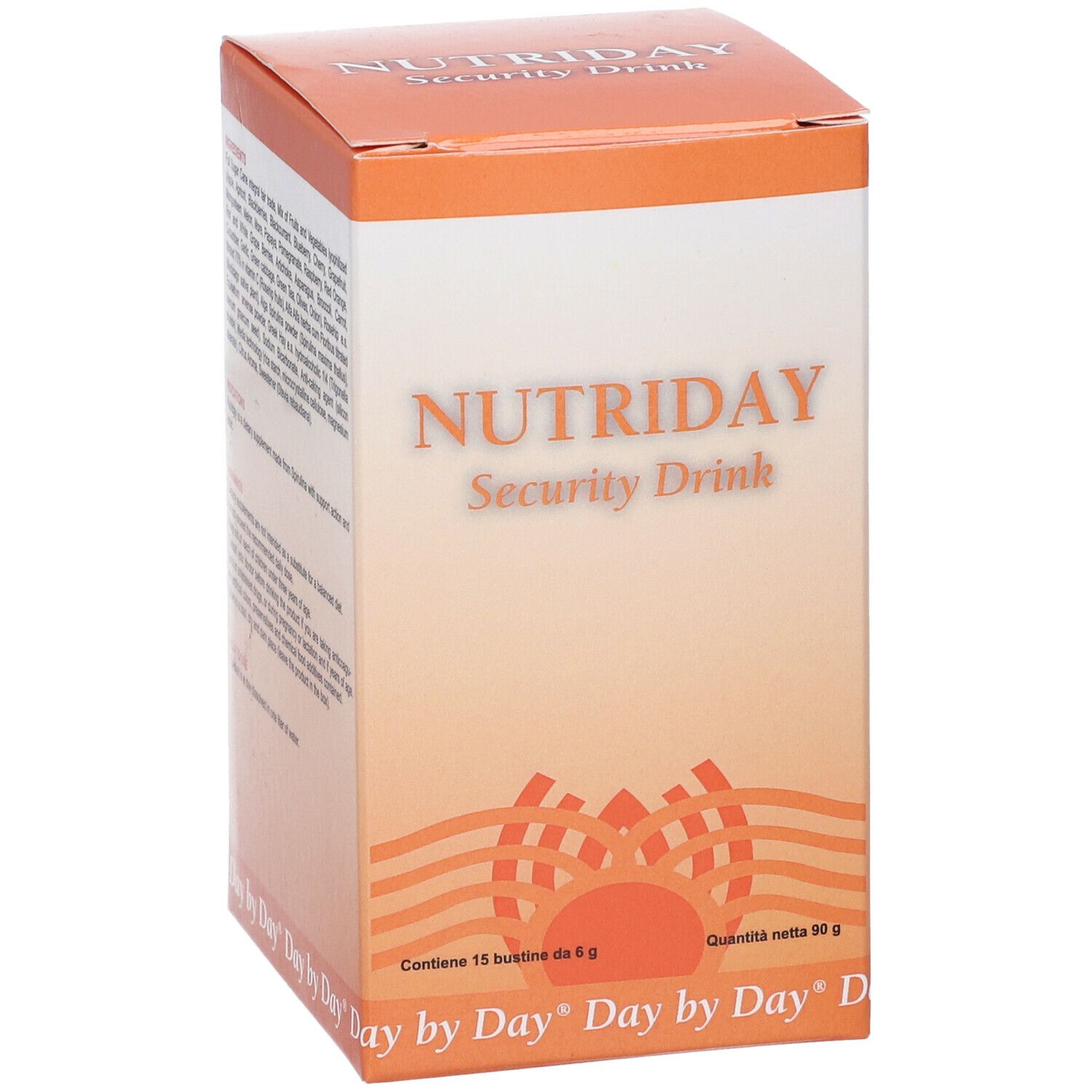 Vista obliqua della confezione di Nutriday Security Drink. Design arancione e bianco con nome e logo. Contiene 15 bustine.