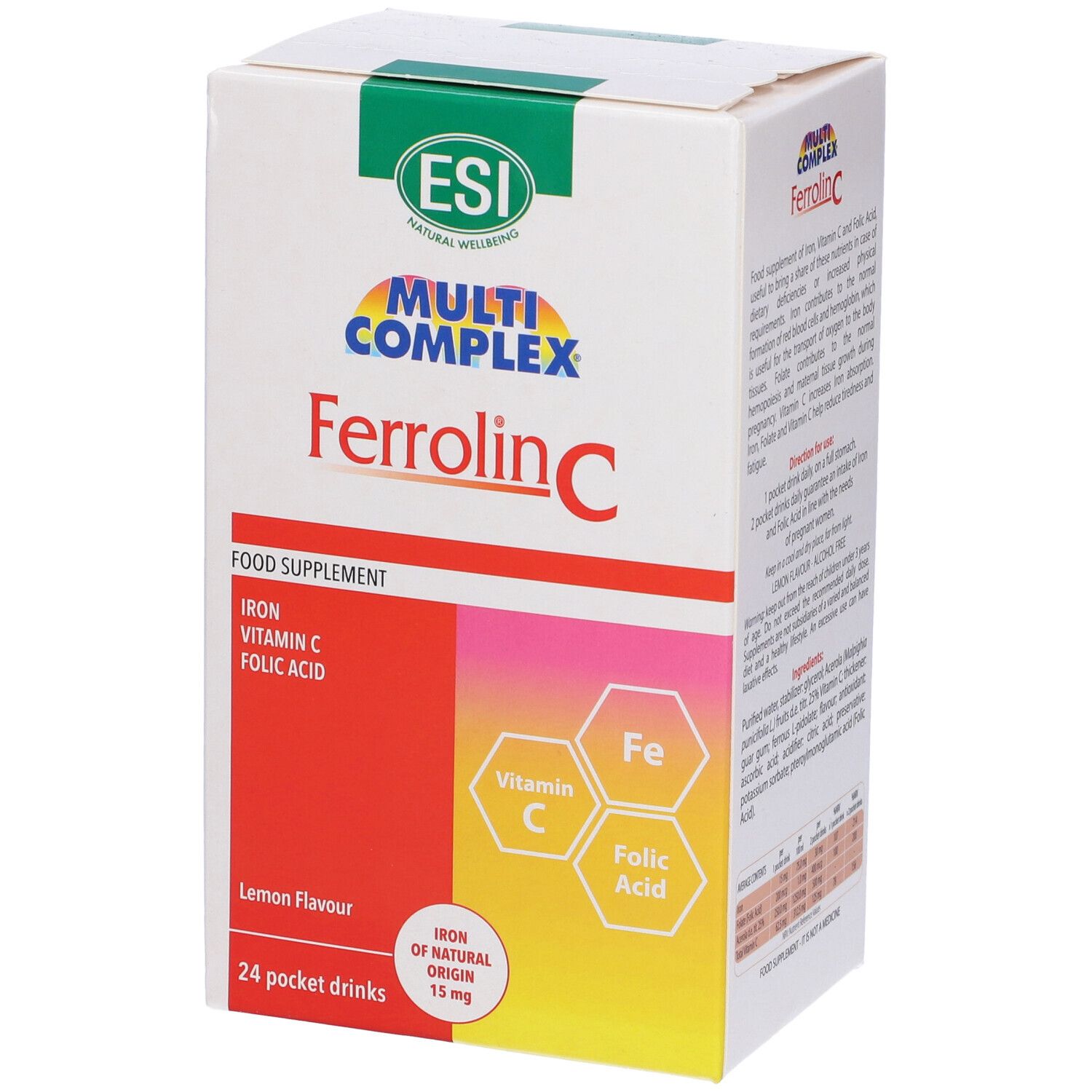 Confezione di ESI Ferrolin C Taschengetränk. Scritta: Multi Complex, Ferrolin C, Ferro, Vitamina C, Acido folico. 24 Pocket Drinks, gusto limone.