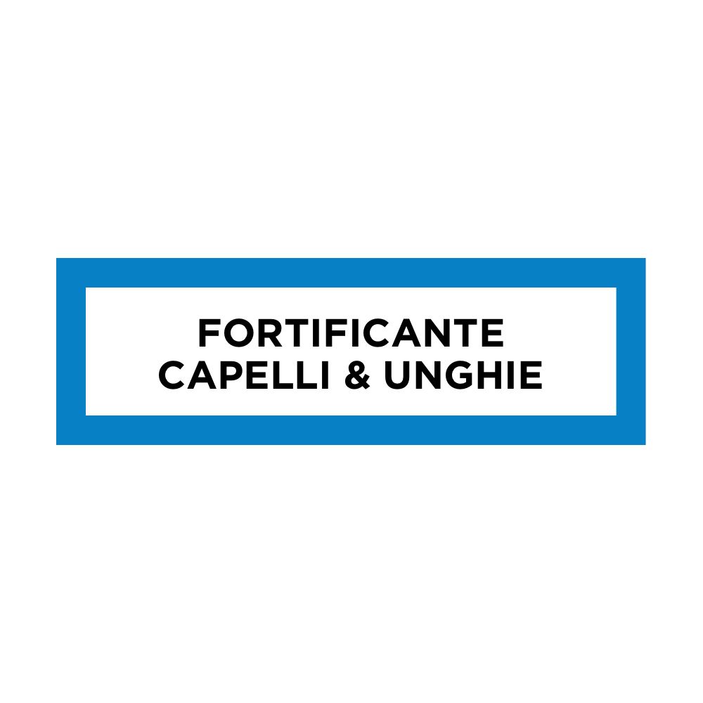 Rettangolo blu con testo FORTIFICANTE CAPELLI & UNGHIE (rinforzante capelli e unghie) su sfondo bianco.
