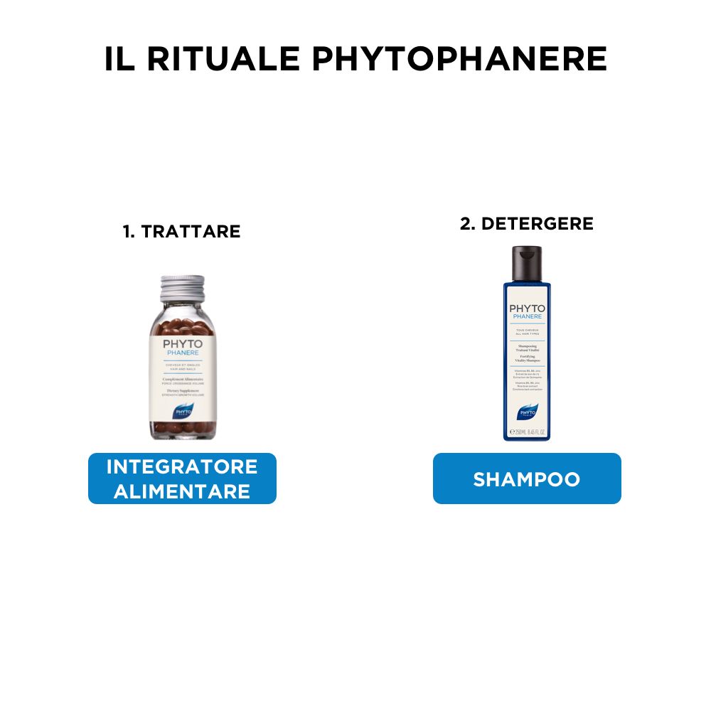 Due prodotti: integratore alimentare in flacone e shampoo. Testo: IL RITUALE PHYTOPHANERE (il rituale PHYTOPHANERE).